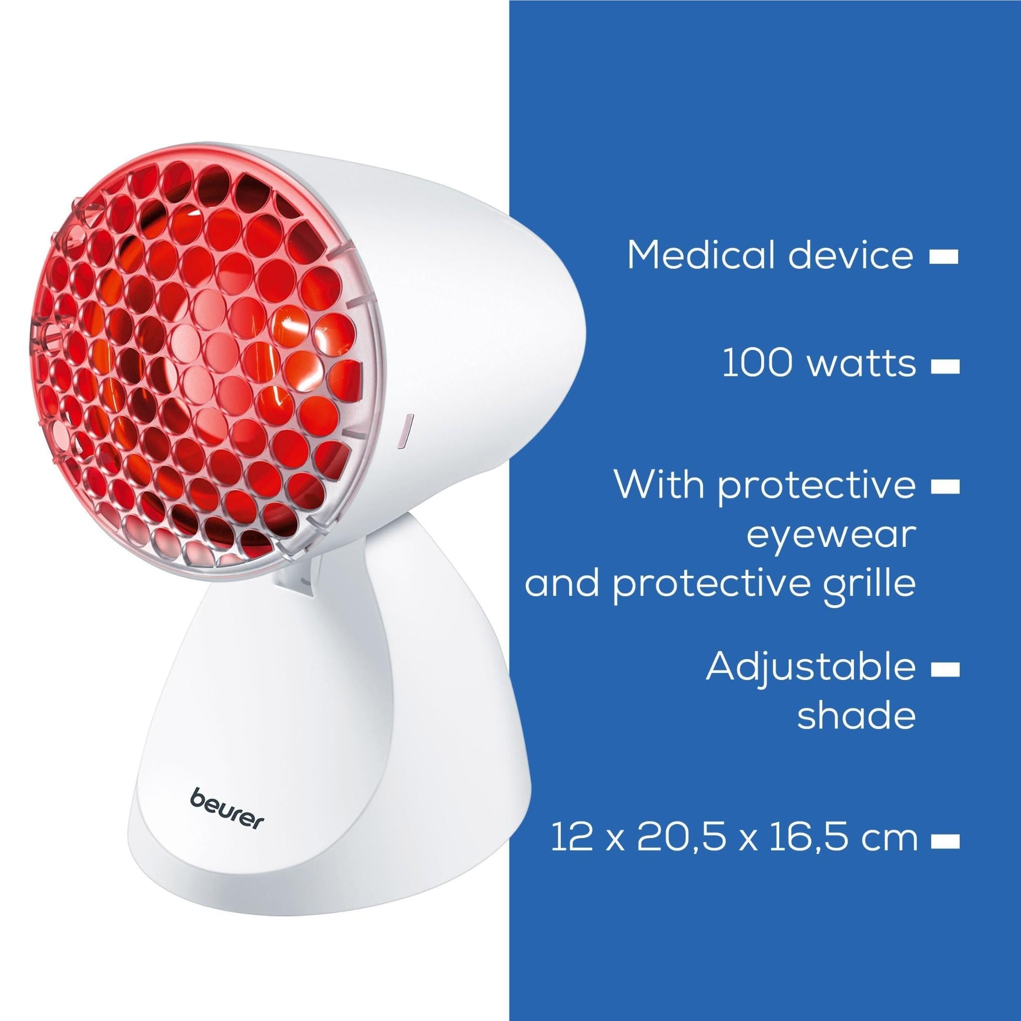 Beurer infrared heat lamp with red protective glass grille on white stand