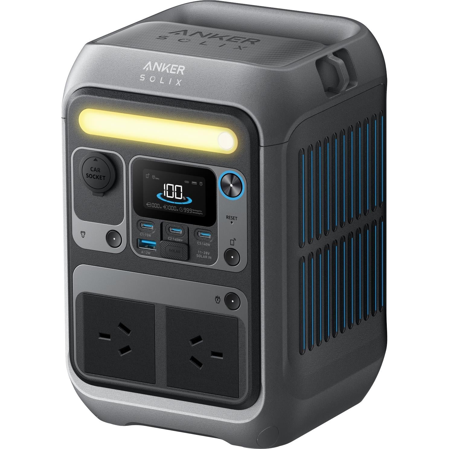 Grey Anker SOLIX power station with illuminated panel and AC outlets