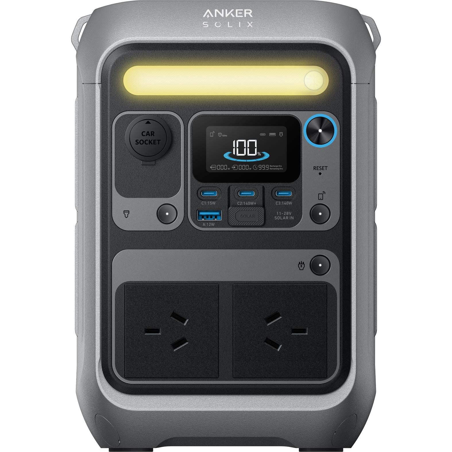 Grey Anker SOLIX power station front panel with display, ports, and AC outlets