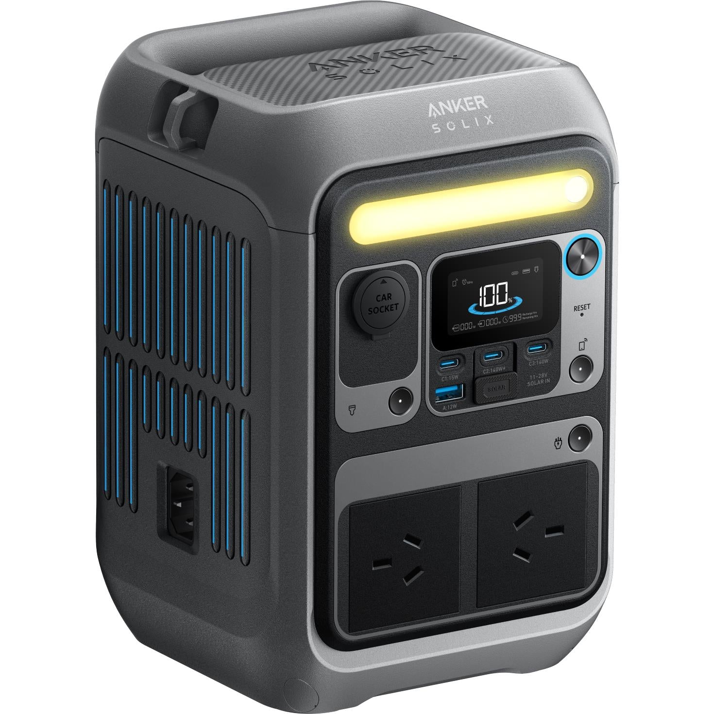 Grey Anker SOLIX power station angled view with LED light and side vents