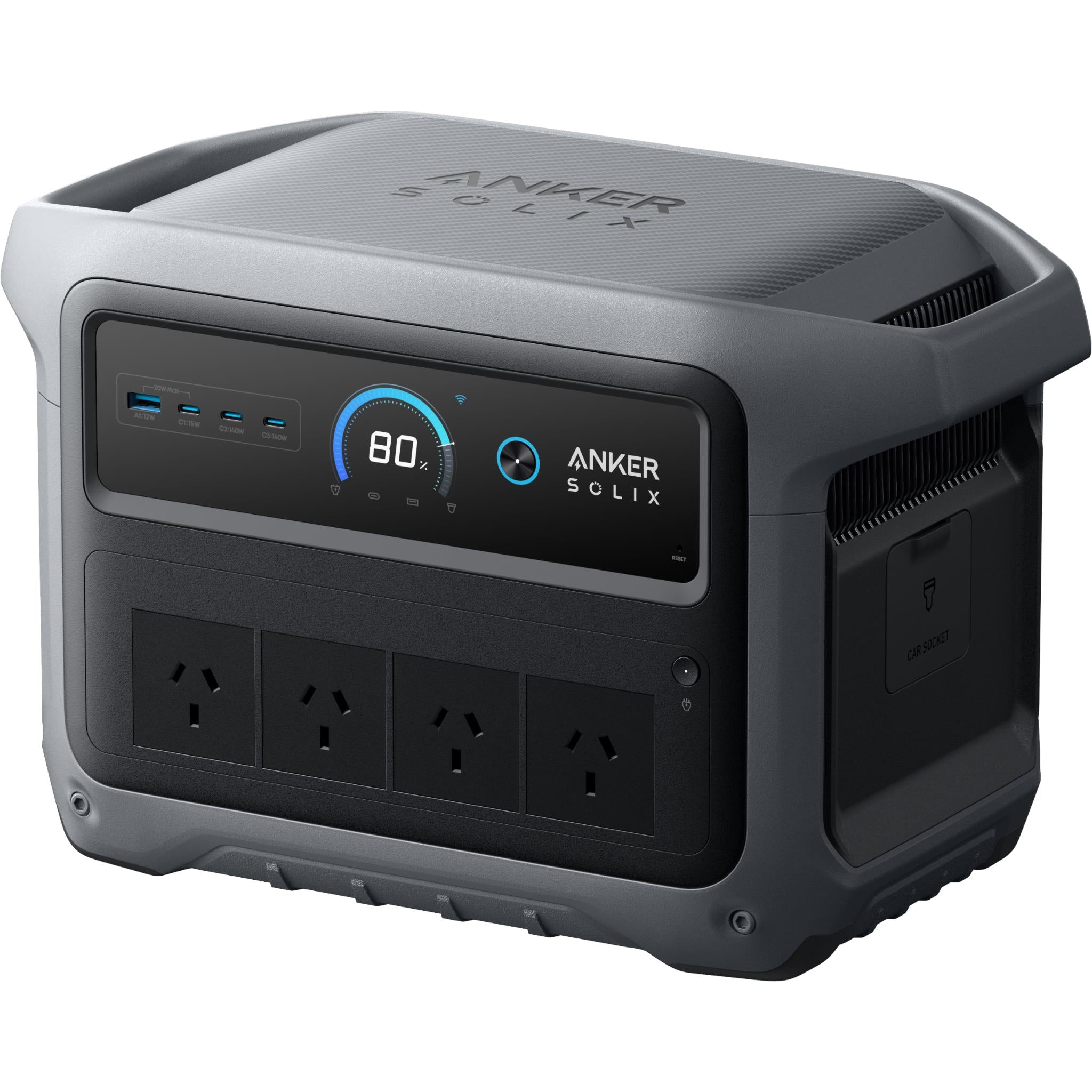 Gray portable power station with display showing 80% and multiple AC outlet ports