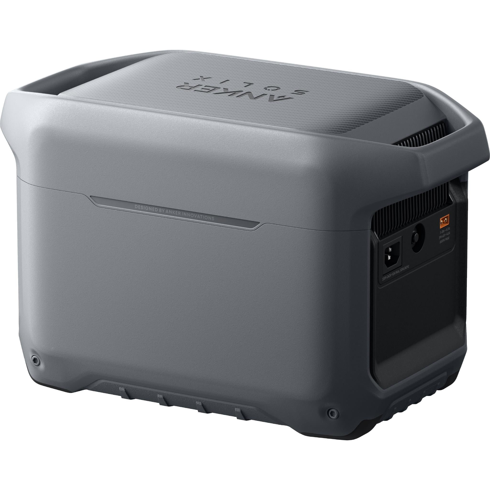 Gray portable power station side view with input/output ports and vented top
