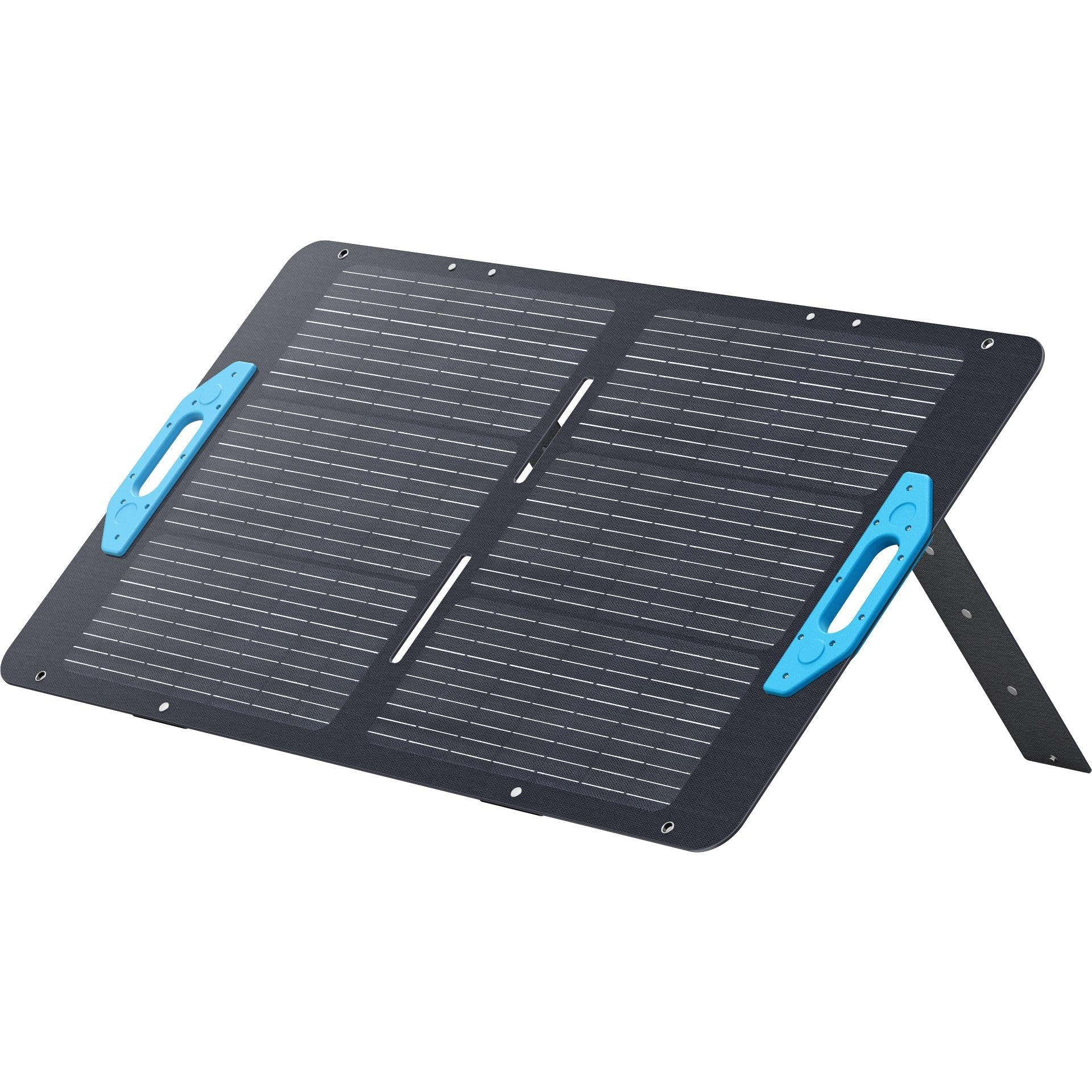 Foldable bifacial solar panel with dark cells and blue folding handles