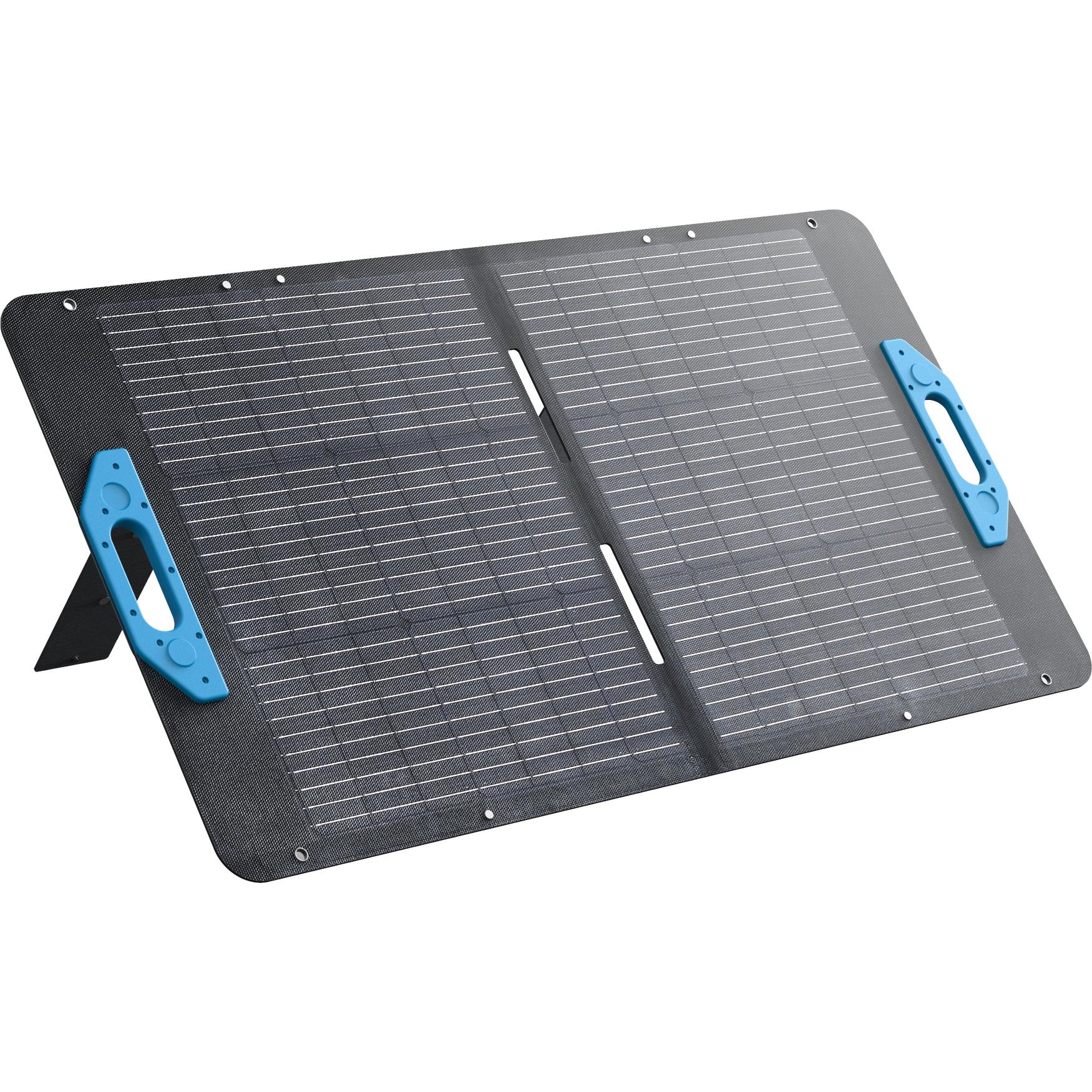 Foldable bifacial portable solar panel with dark grid cells and blue side handles