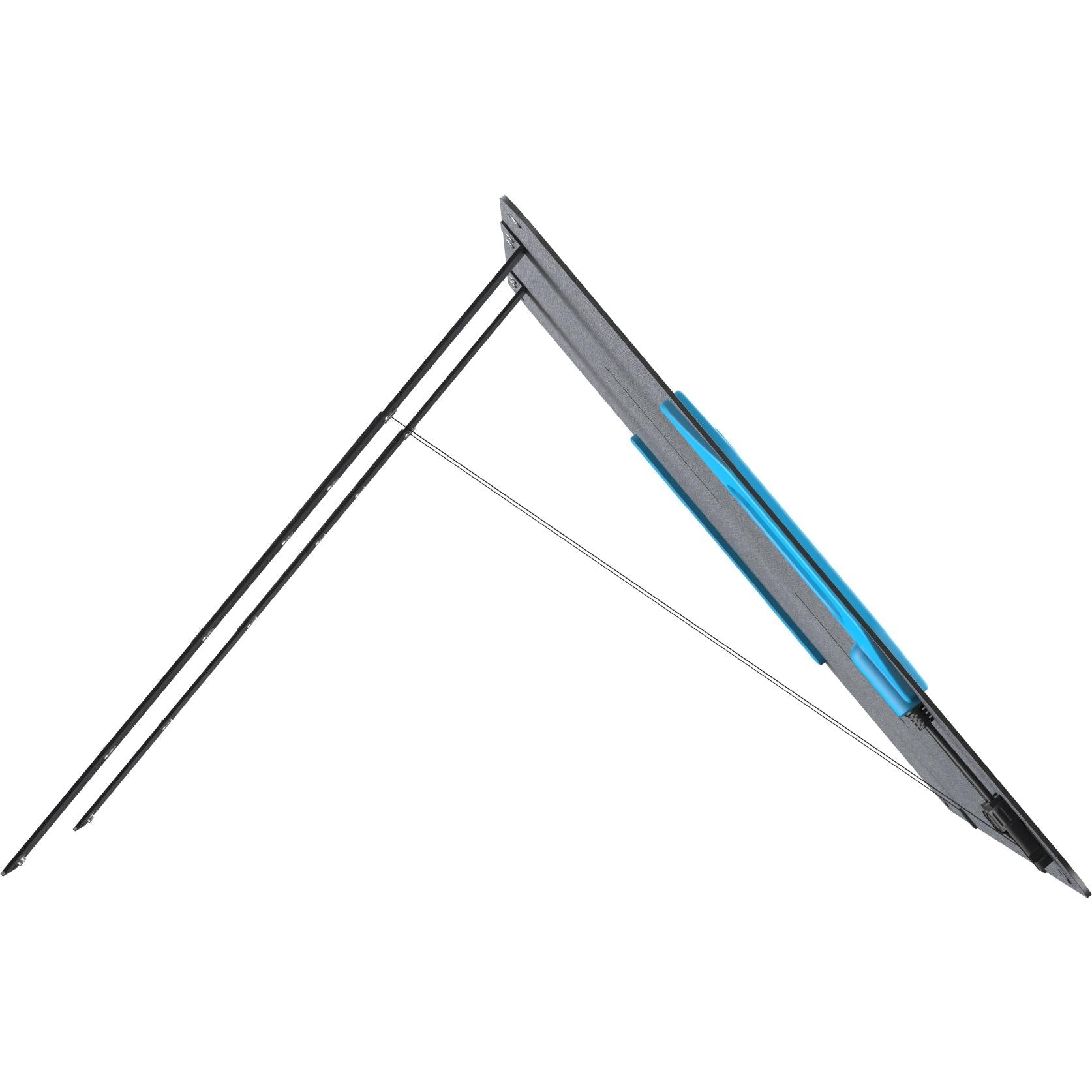 Foldable bifacial solar panel angled with metal stand legs