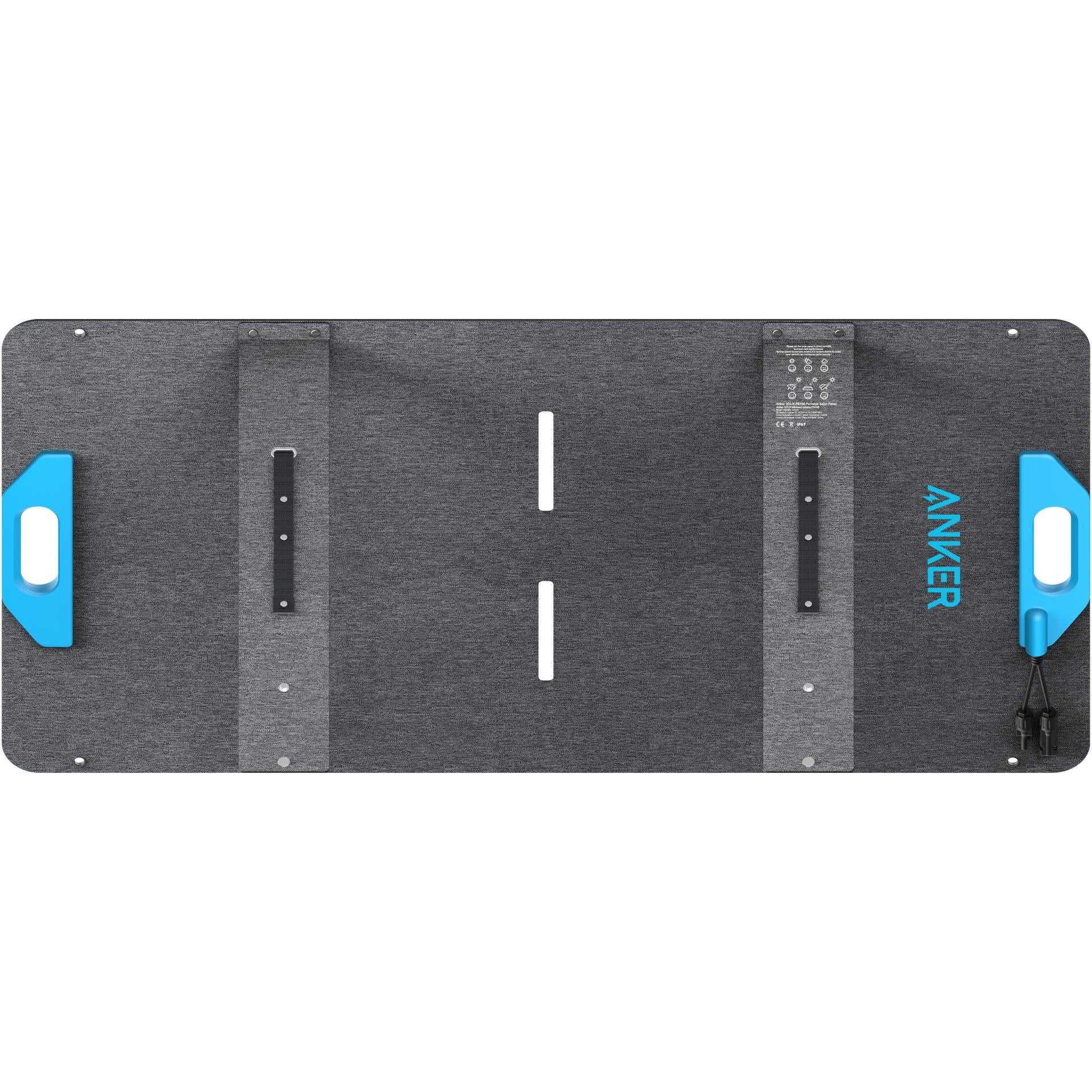 Foldable bifacial solar panel back panel with blue carry tabs and central label area
