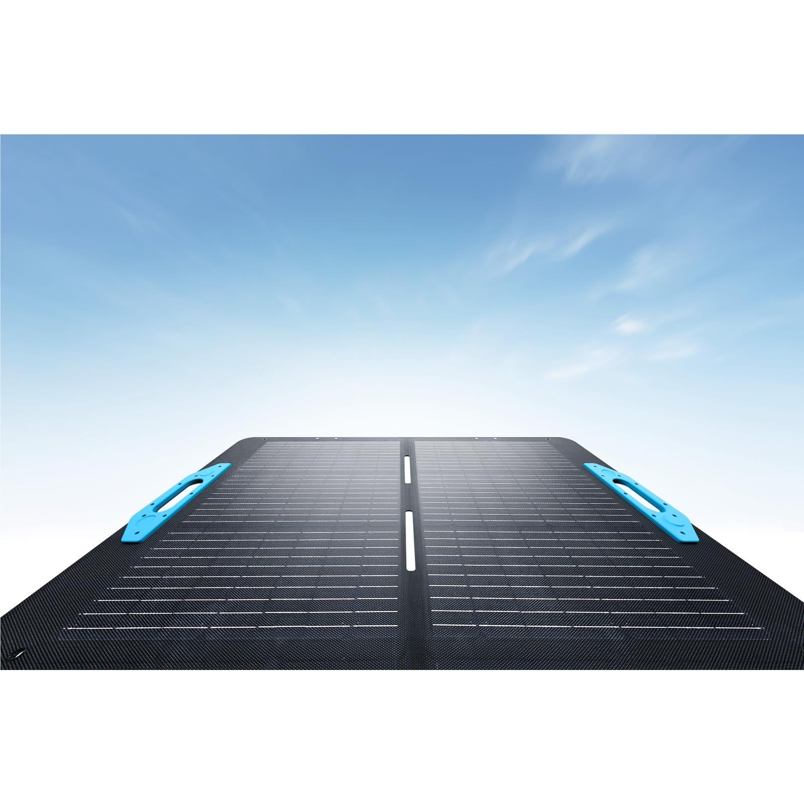 Foldable bifacial solar panel front view, dark grid cells with blue handles