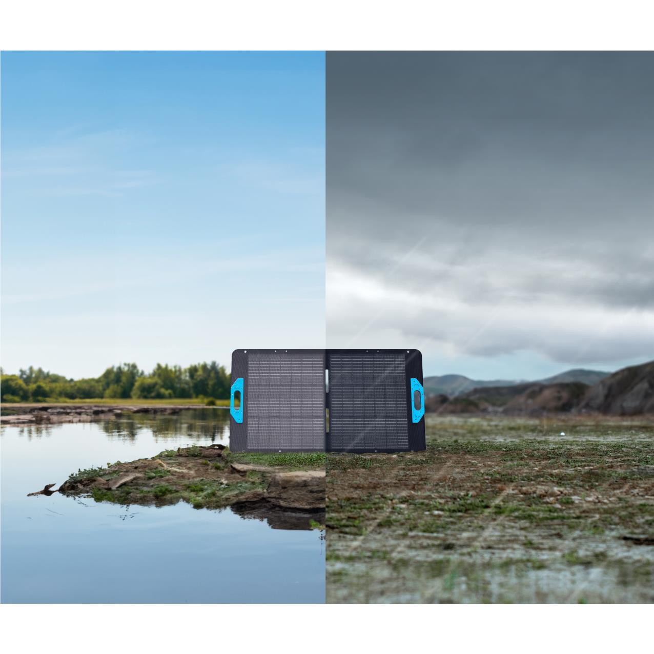 Foldable bifacial solar panel near water, dark cells with blue side handles