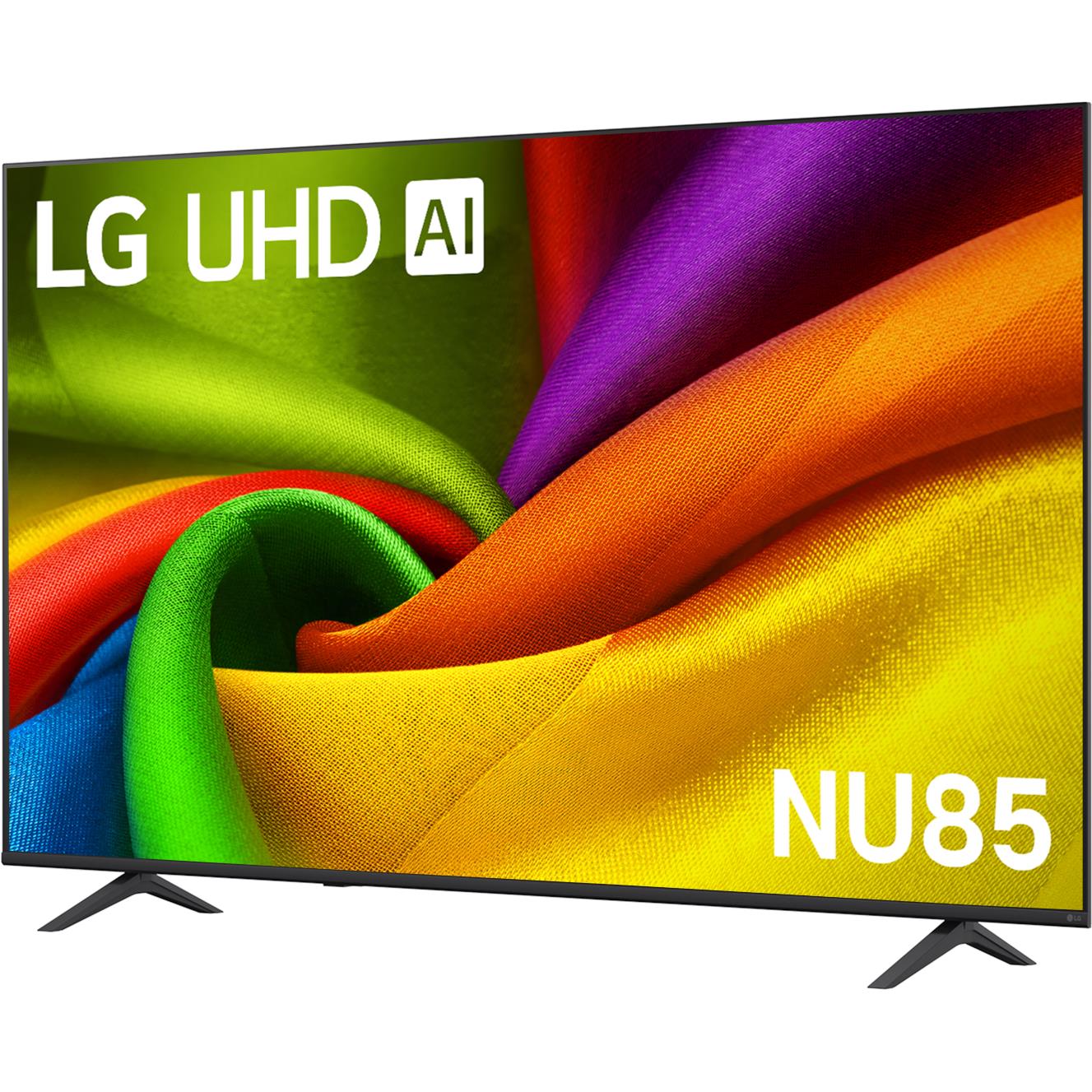 LG UHD AI NU85 smart TV front view with colorful display and stand legs