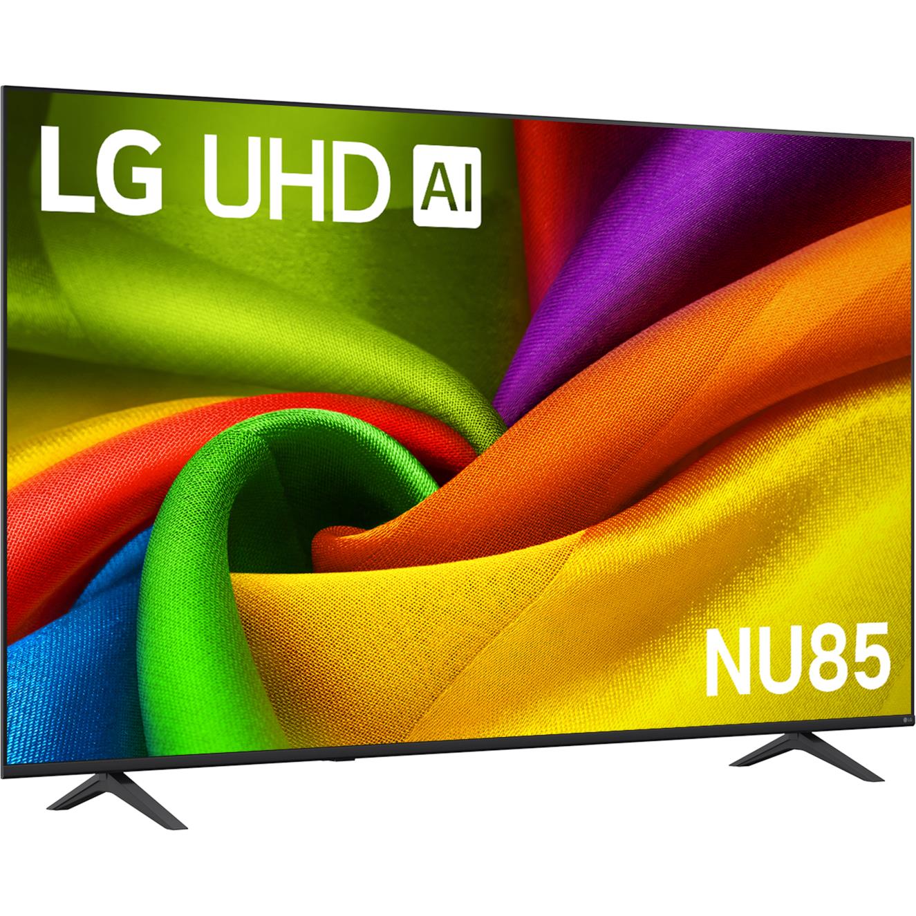 LG UHD AI NU85 smart TV front view with colorful screen and two stand feet