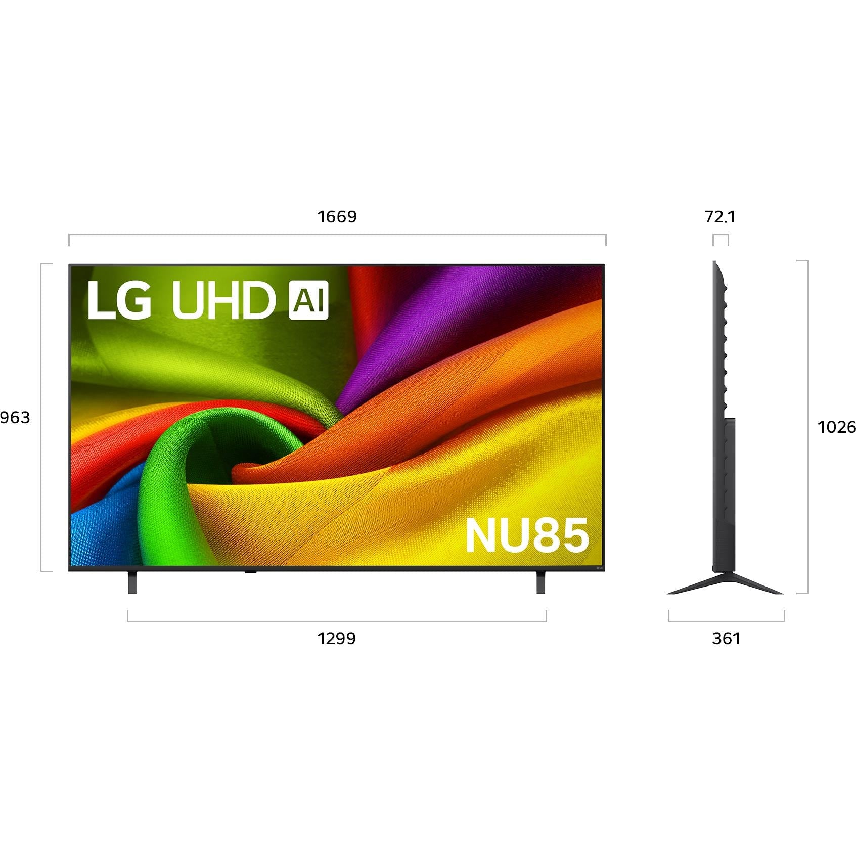LG UHD AI NU85 smart TV with size and height dimension diagram