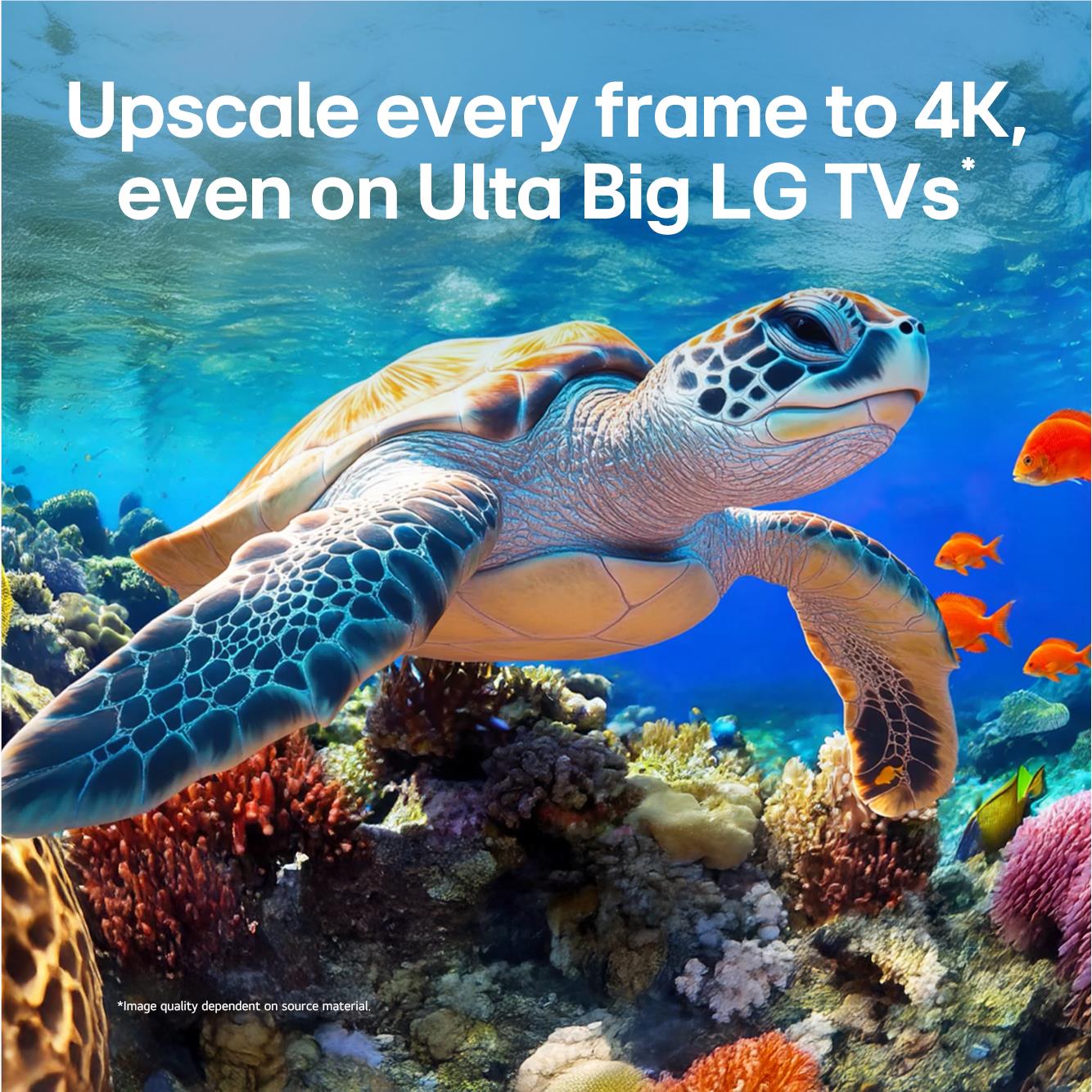 LG UHD AI smart TV promotional graphic showing underwater turtle and text