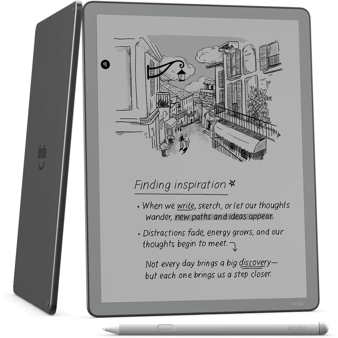 Graphite tablet with stylus, showing sketch and notebook text on screen