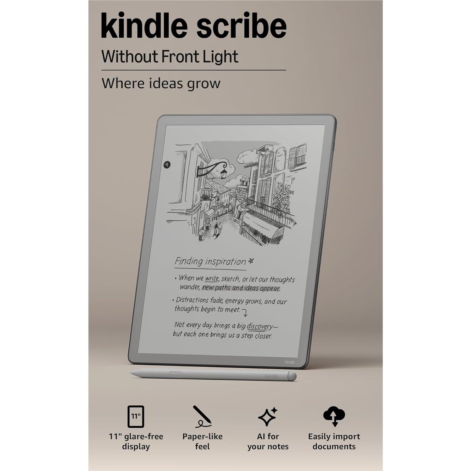 Kindle Scribe tablet with front display, showing illustrated writing page