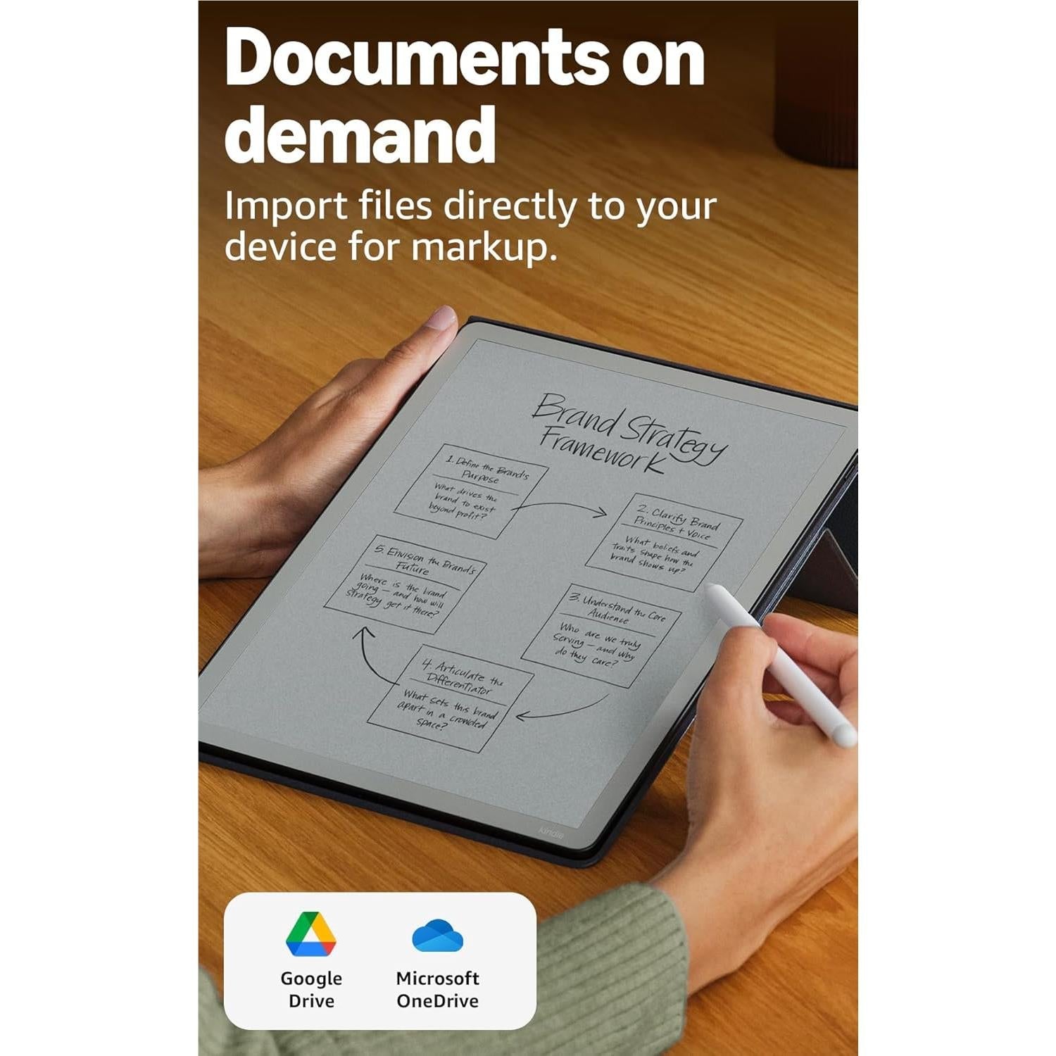 Tablet showing document flowchart on screen, hands holding stylus for import