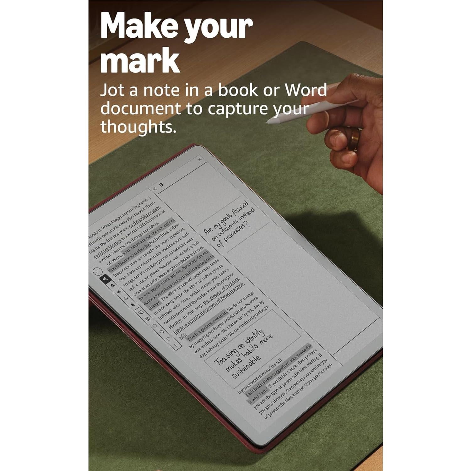 Tablet displaying notes in a document editor, with stylus and hand