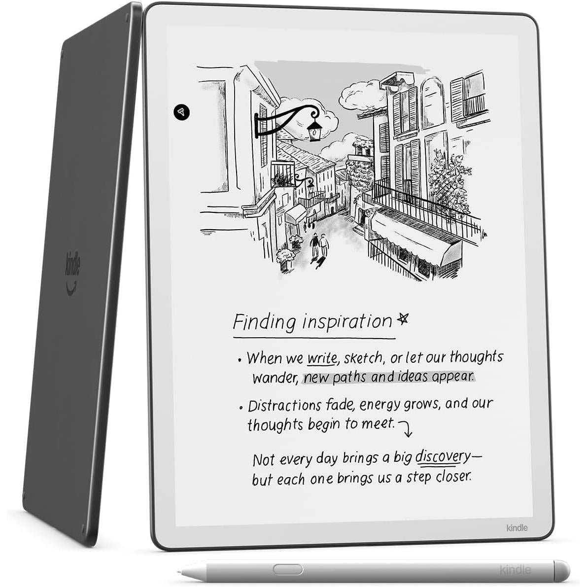 Graphite Kindle Scribe 11-inch tablet with stylus, front screen showing notes