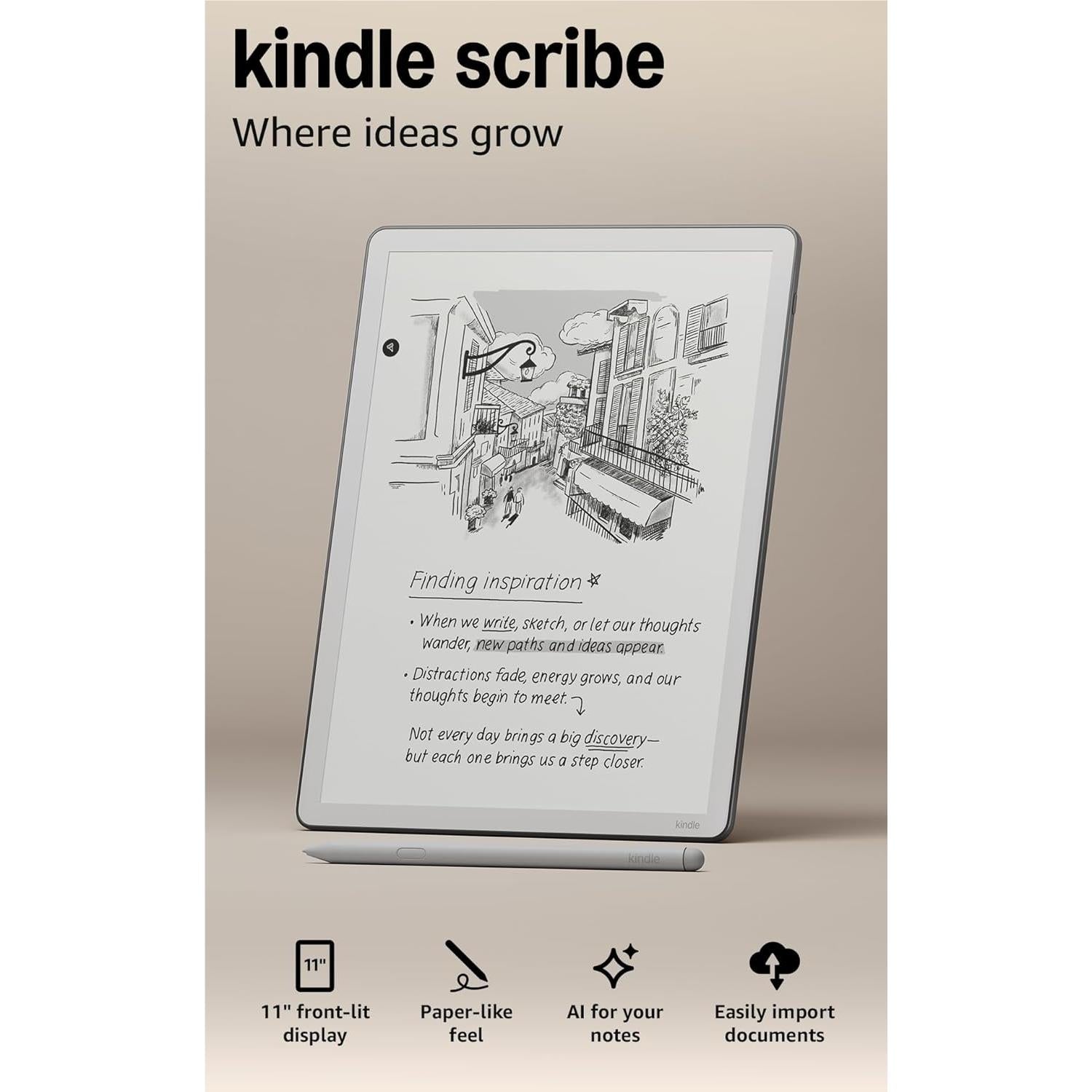 Graphite Kindle Scribe 11-inch tablet with stand, showing home screen