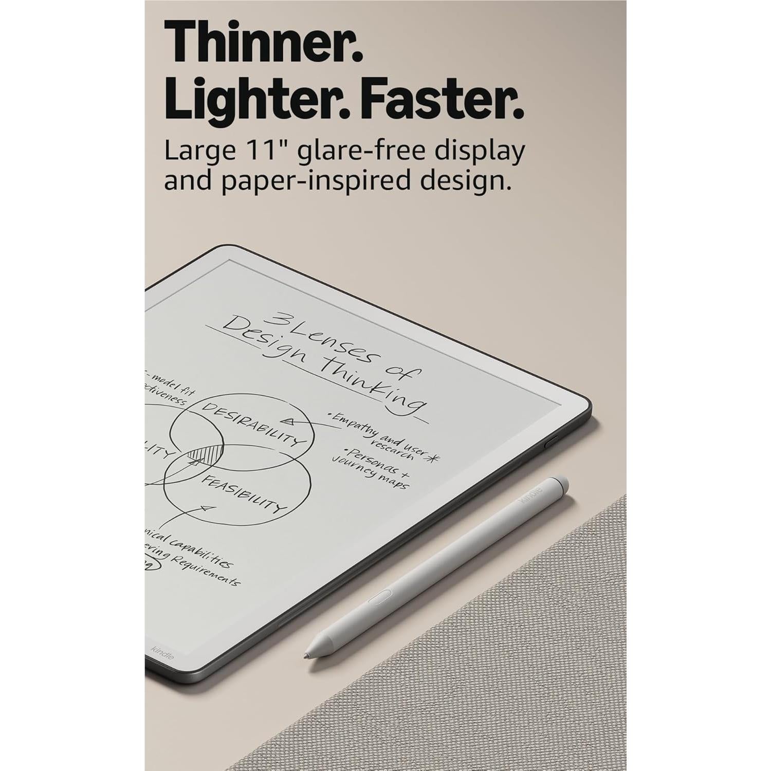 Amazon Kindle Scribe 11-inch notebook in graphite with stylus on surface