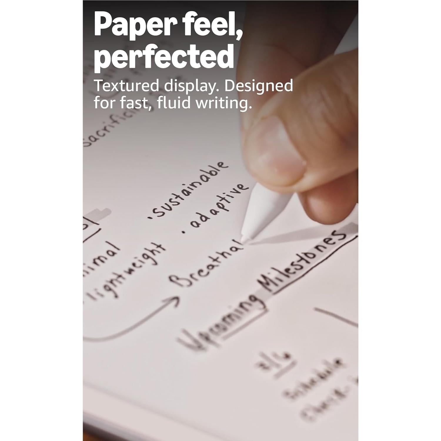 Amazon Kindle Scribe 11-inch notebook with hand writing on textured e-ink screen