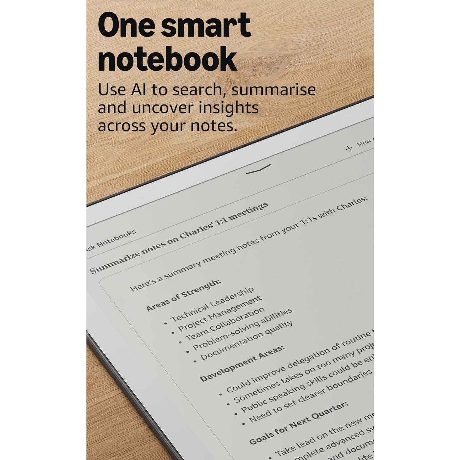 Amazon Kindle Scribe 11-inch notebook with notes page on screen, graphite body