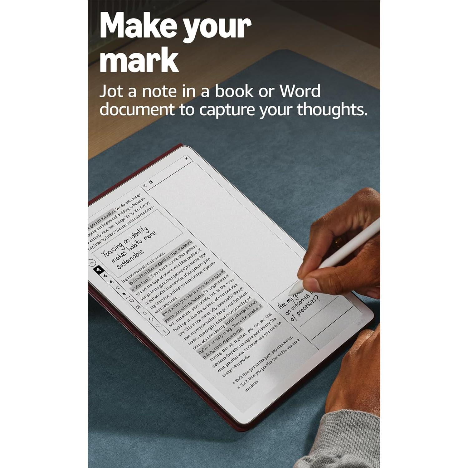 Amazon Kindle Scribe 11-inch notebook with stylus writing on screen, graphite