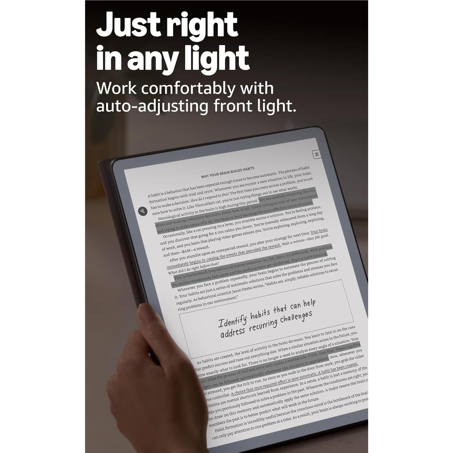 Amazon Kindle Scribe 11-inch notebook showing e-ink text with hand holding stylus