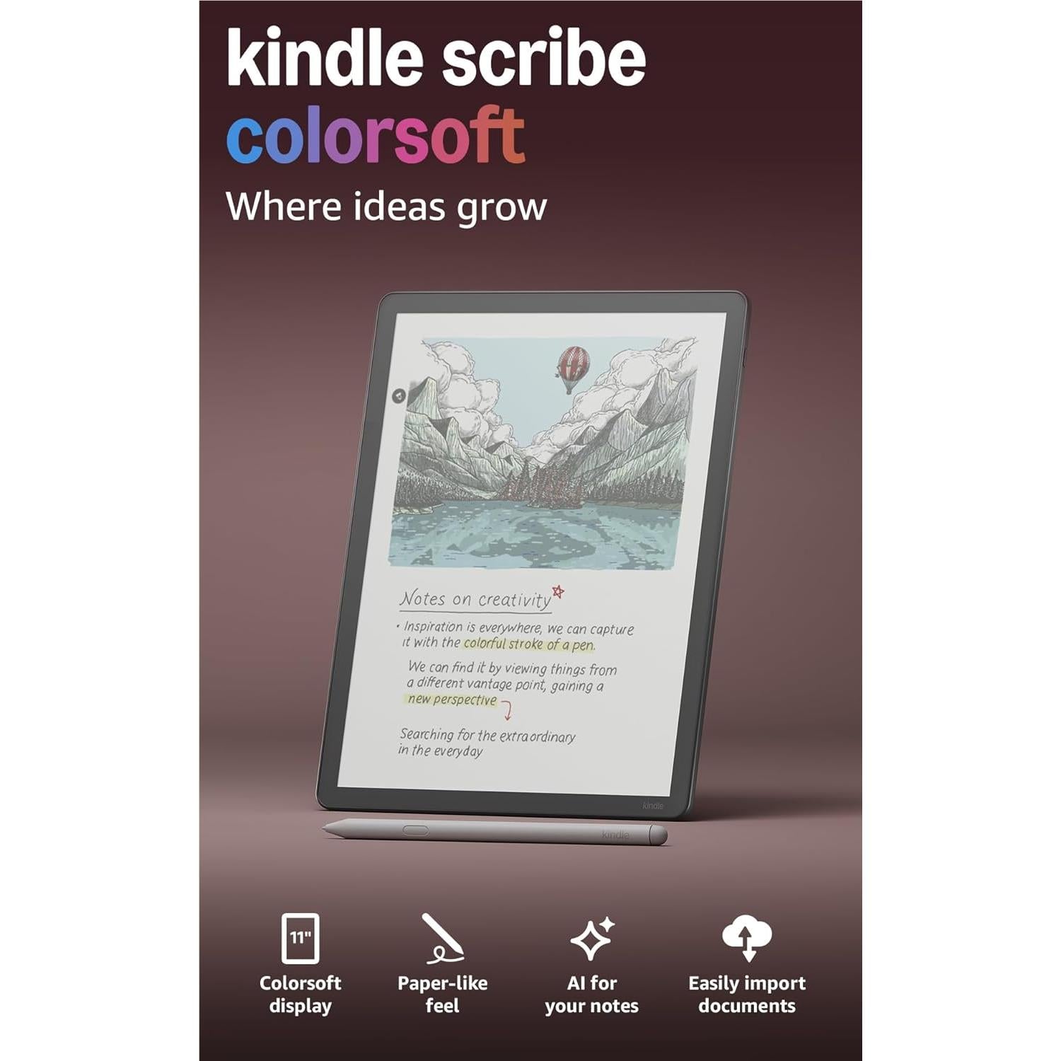 Kindle Scribe Colorsoft 11-inch digital notebook in maroon with display and bezel