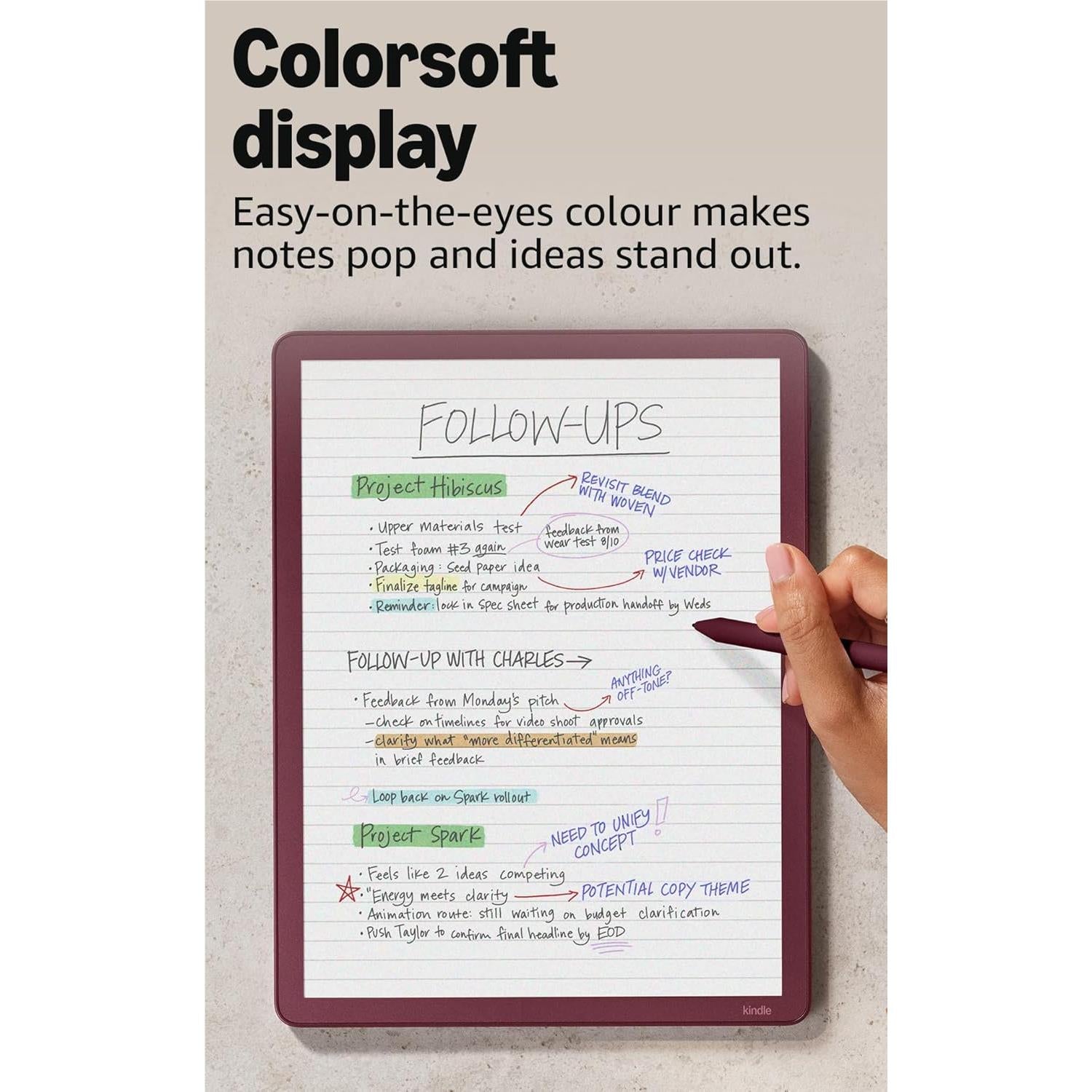 Maroon Kindle Scribe Colorsoft 11-inch digital notebook with handwritten notes