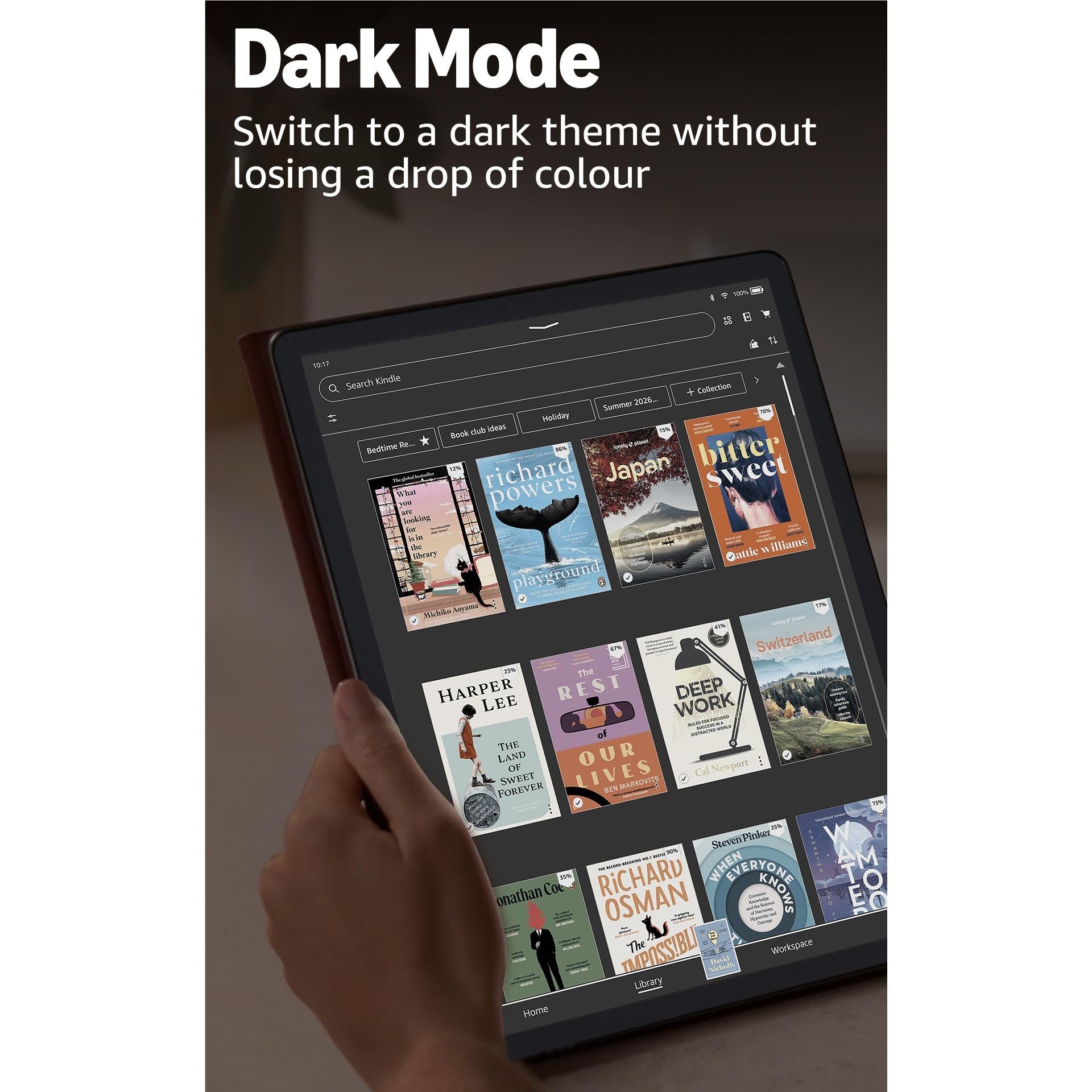 Kindle Scribe Colorsoft 11-inch digital notebook showing dark-mode reading screen