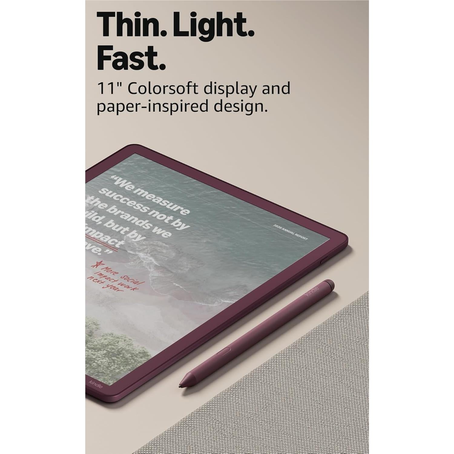Amazon Kindle Scribe Colorsoft 11-inch digital notebook with burgundy cover and stylus