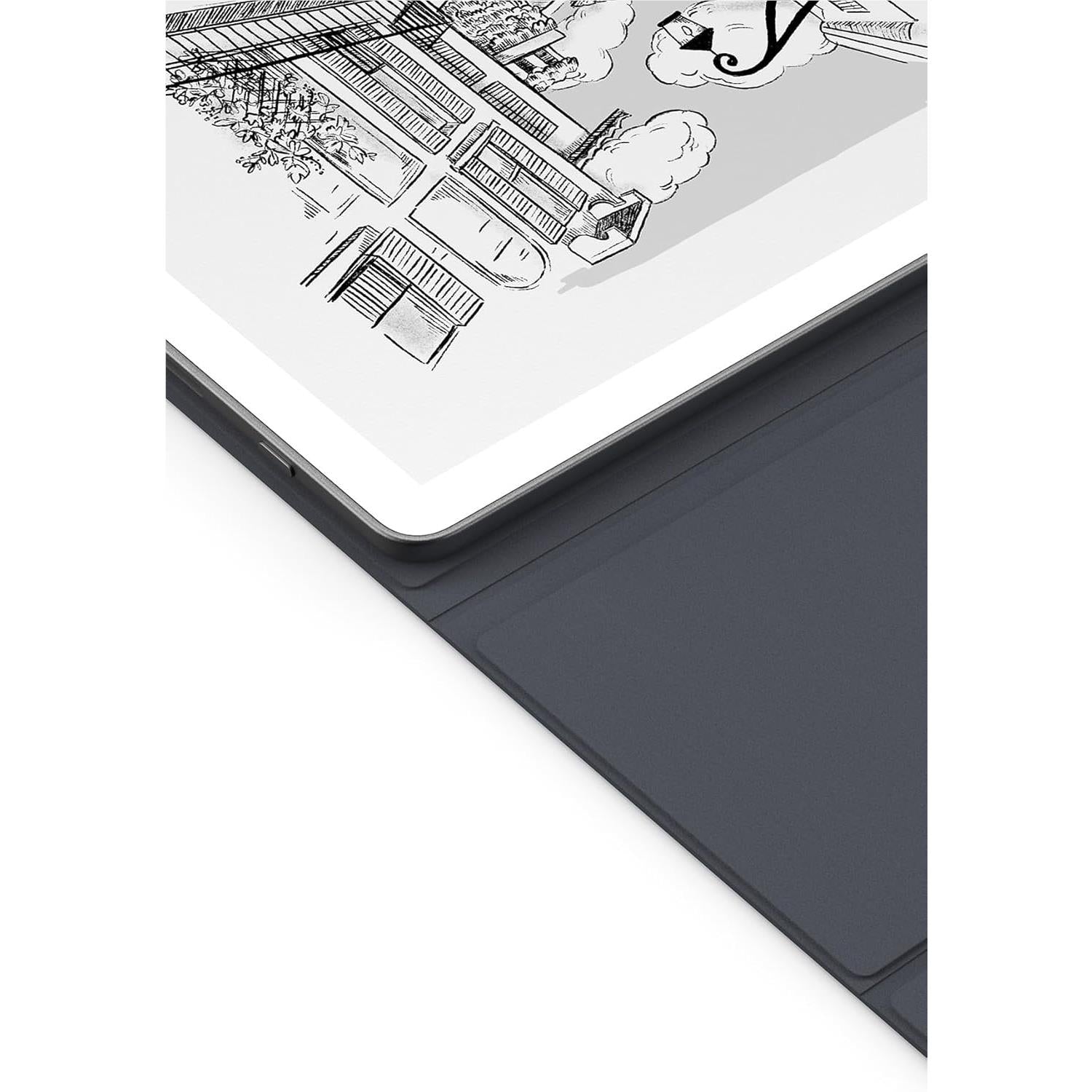 Graphite folio corner with tablet screen showing illustration and text