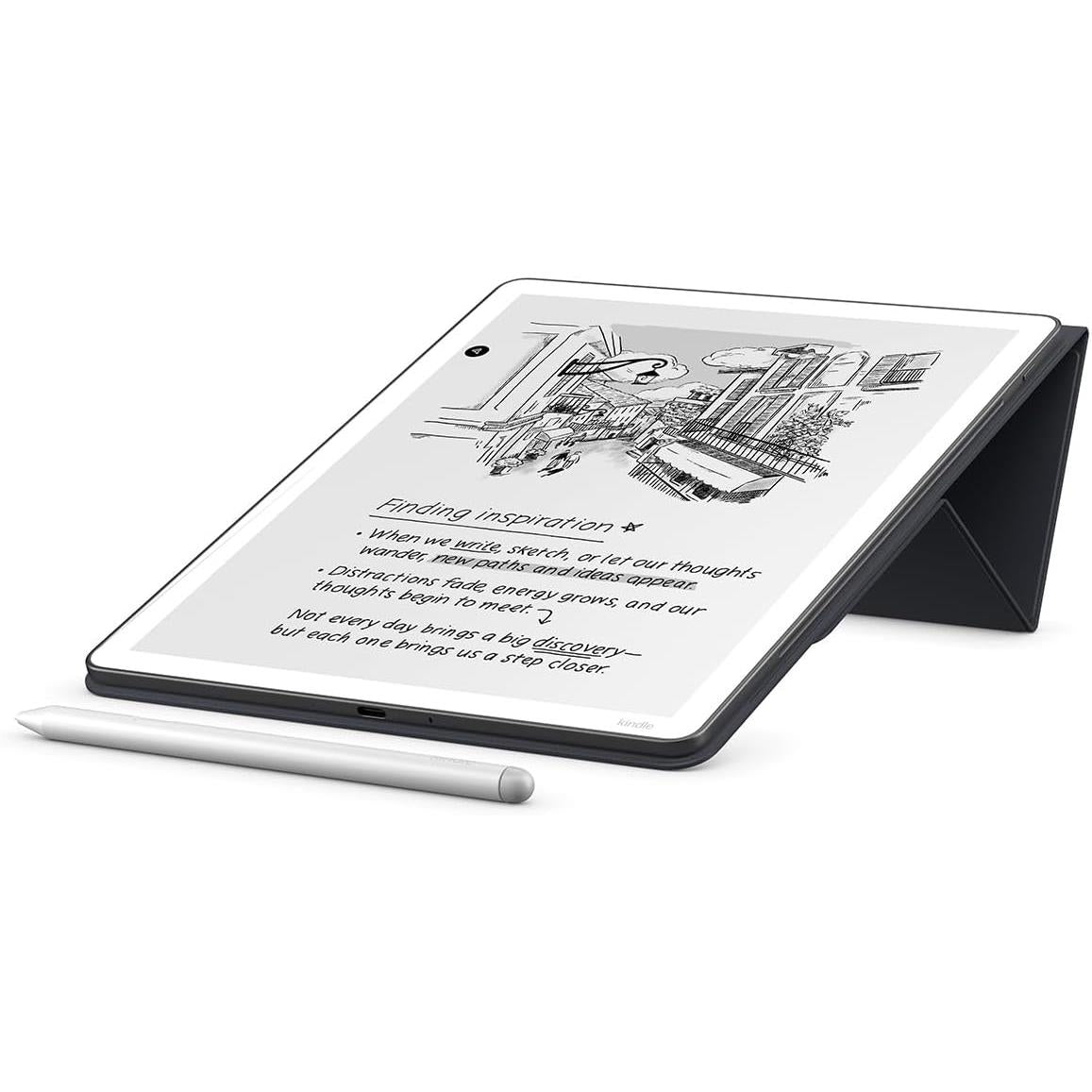 Graphite folio stand with tablet screen showing illustration and text