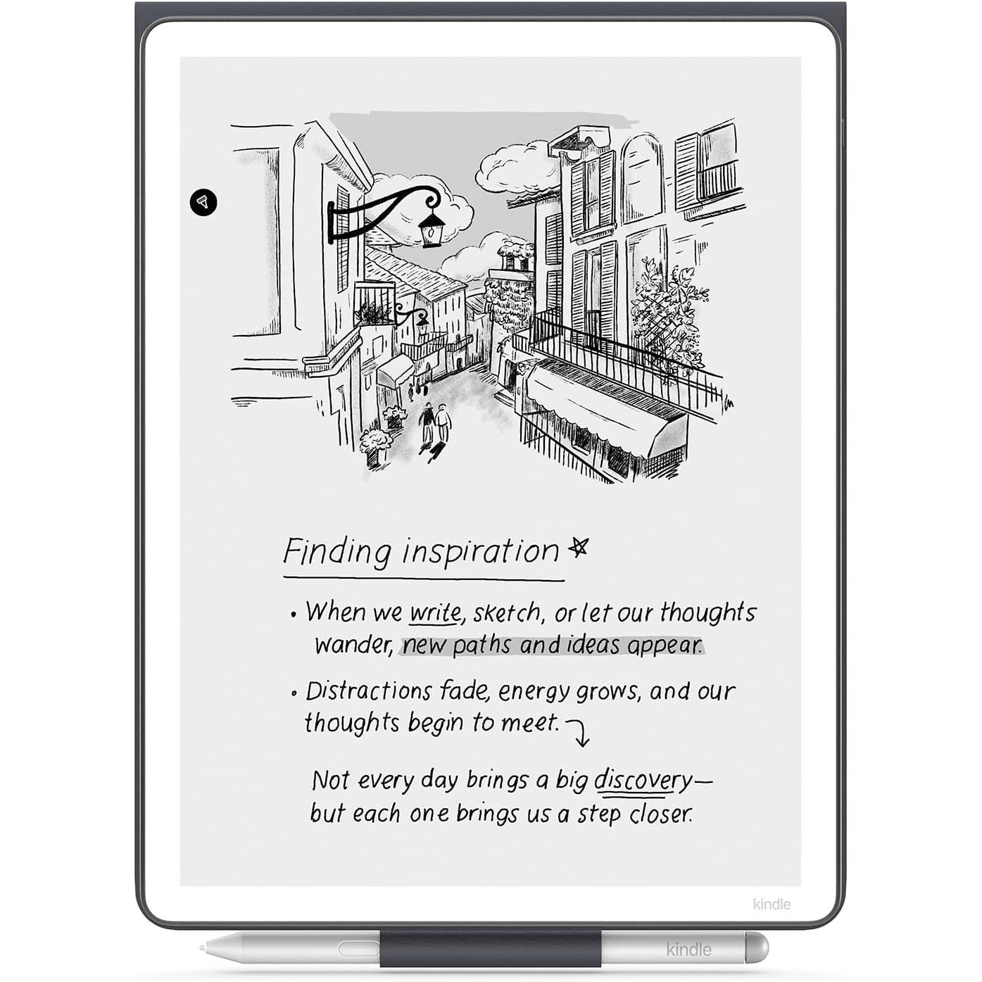 Graphite folio cover with tablet screen showing illustration and motivational text