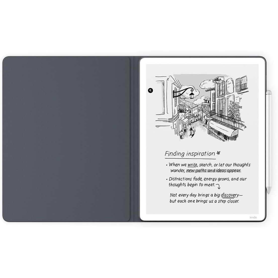 Open graphite leather folio cover with stylus and e-reader screen