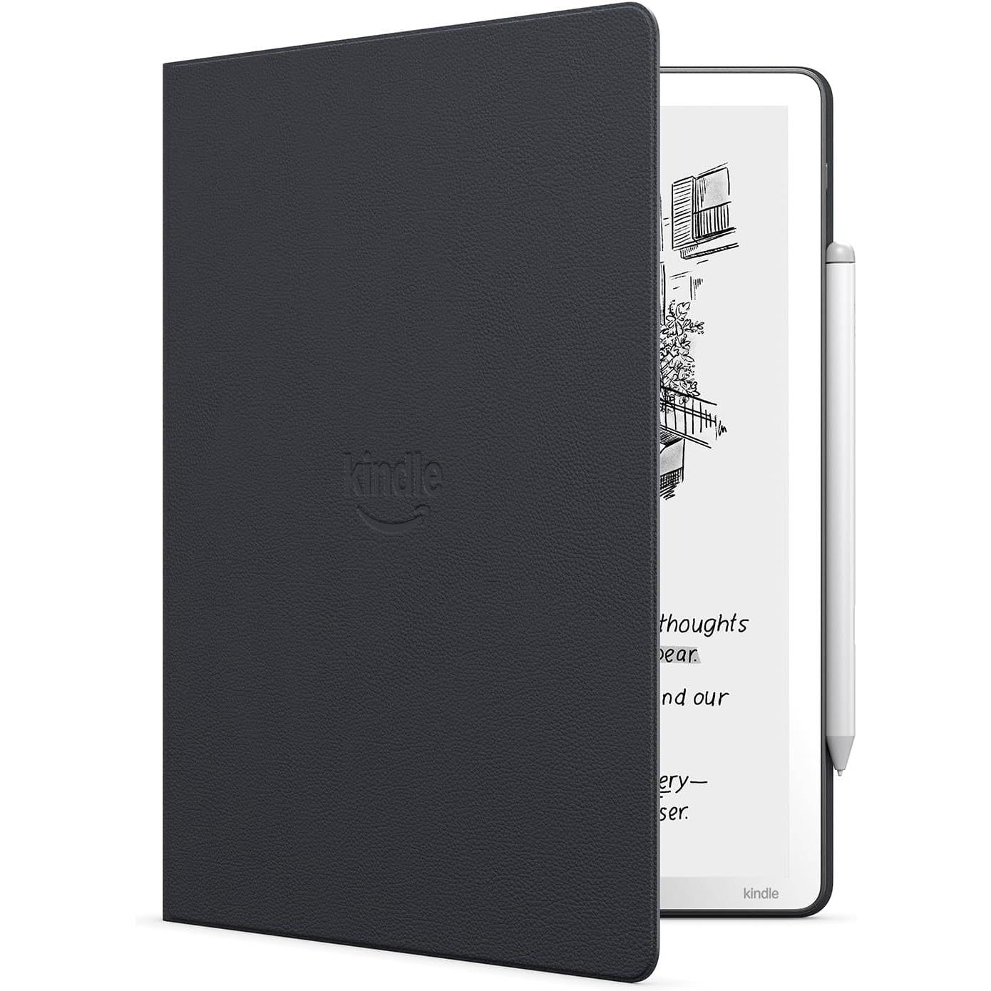 Graphite folio cover with debossed 'kindle' logo, tablet partially inserted
