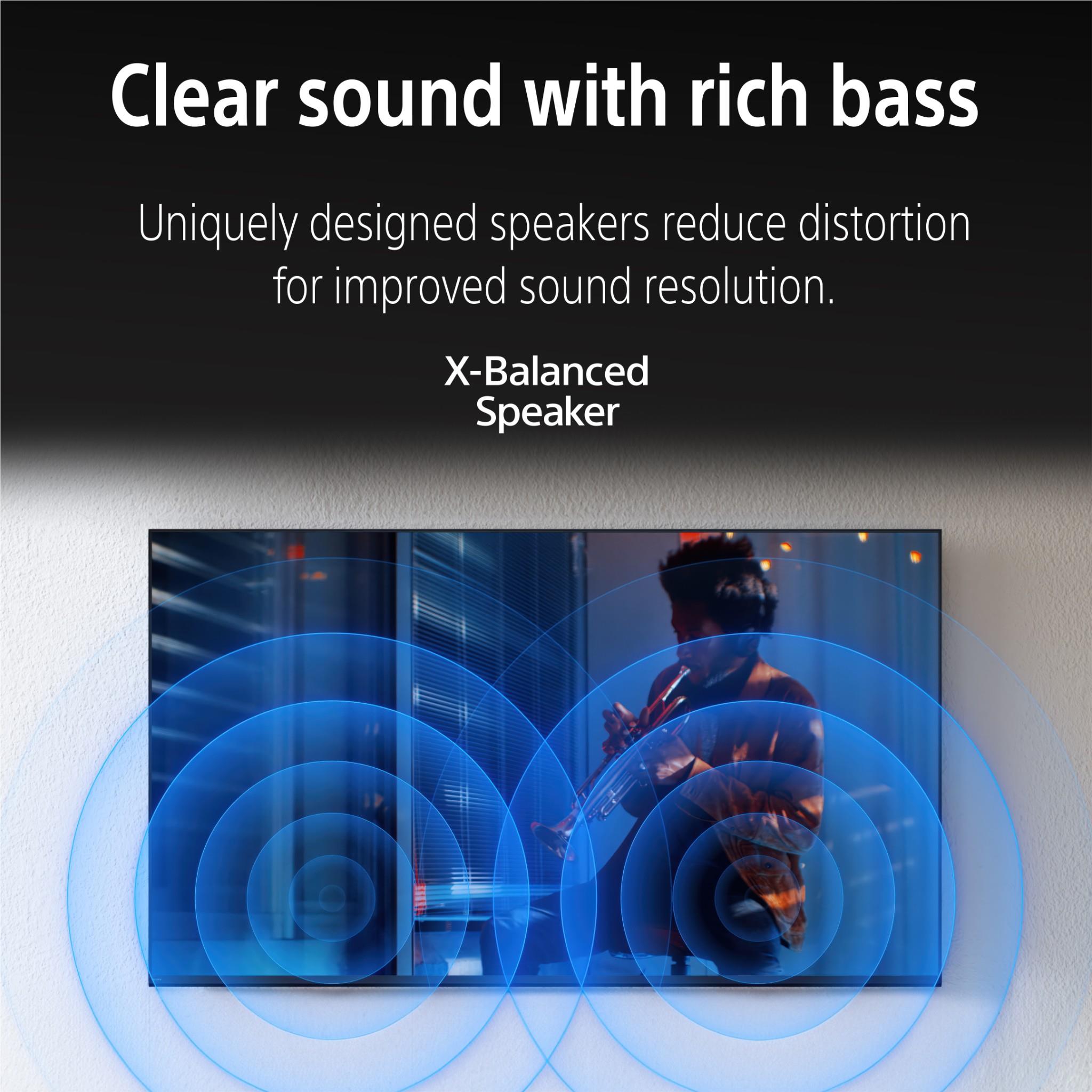 Flat-screen TV with X-Balanced Speaker sound-wave graphic and blue speaker visuals