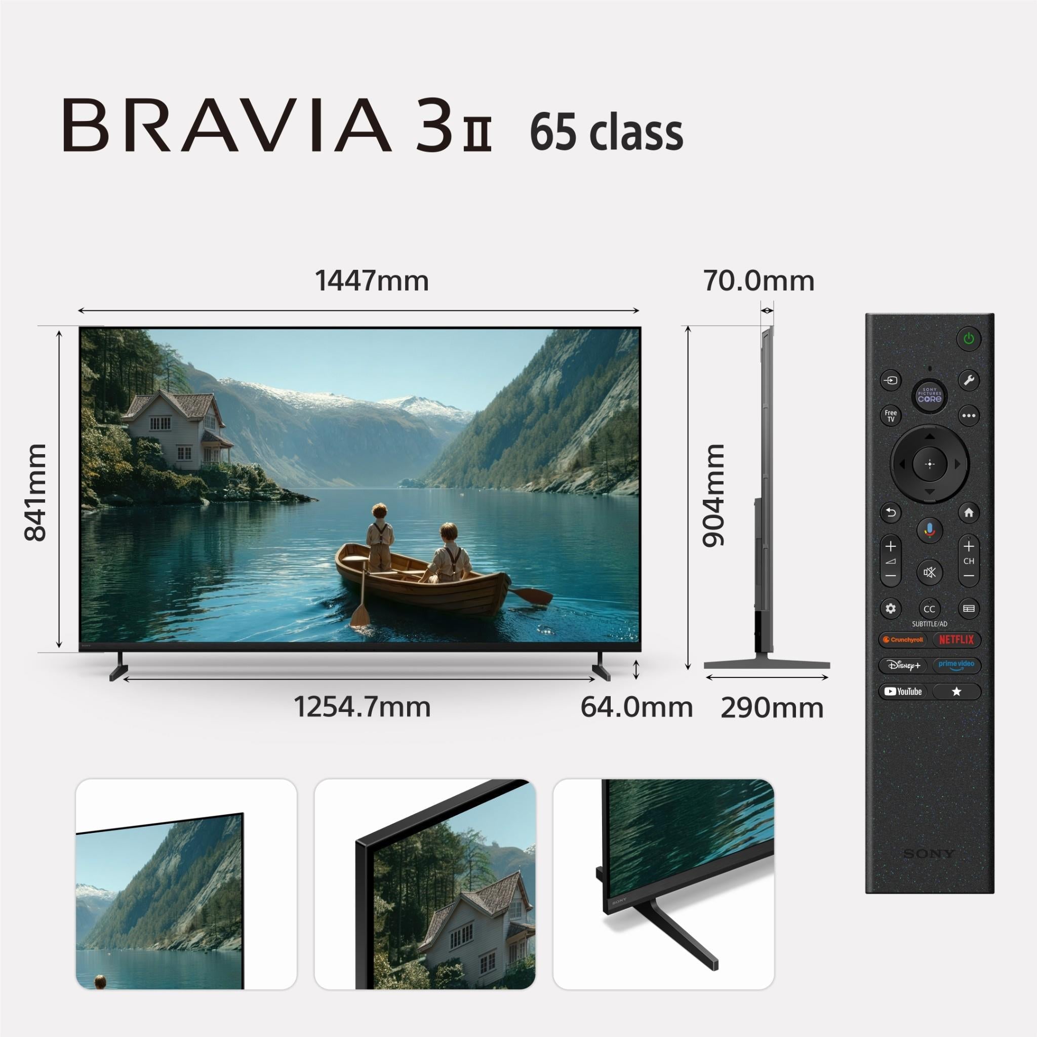 BRAVIA 3 II 65 class TV with remote and size dimensions diagram