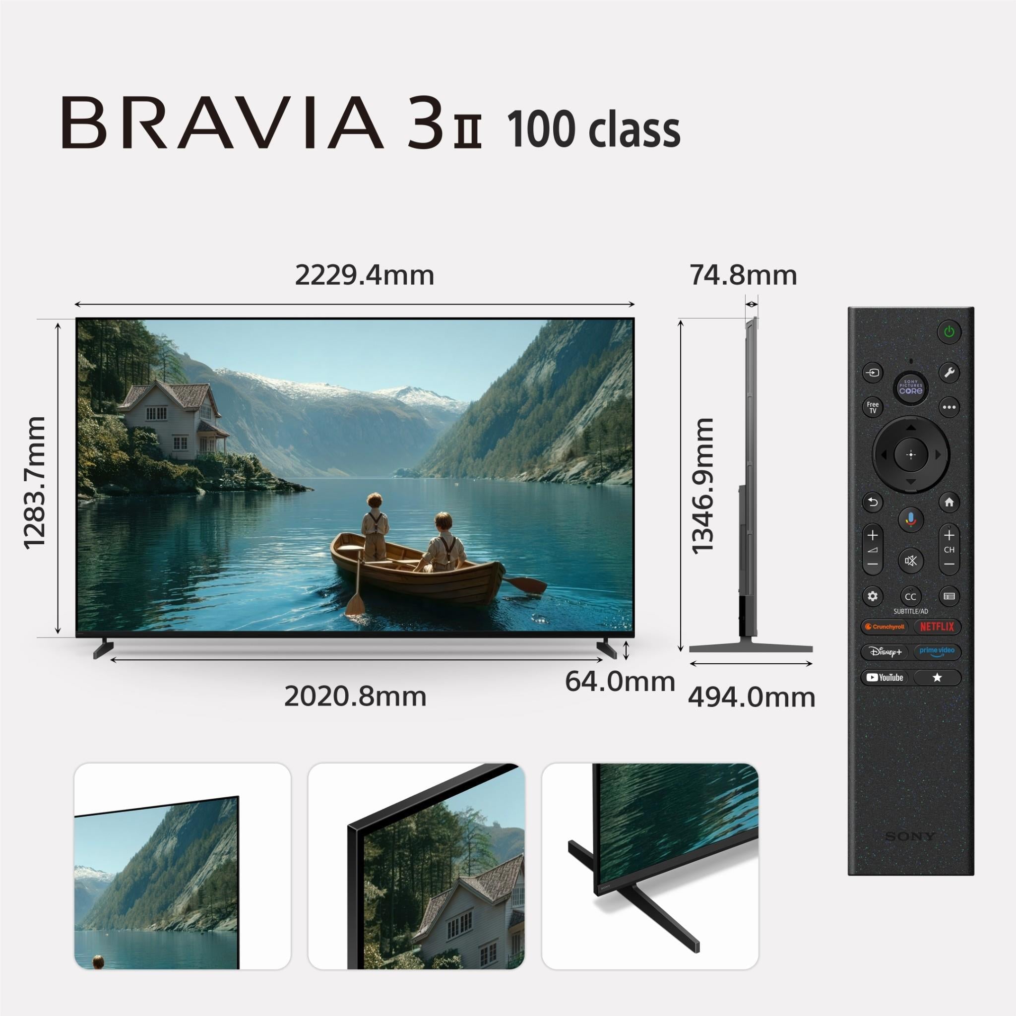 Sony BRAVIA smart TV with remote, showing landscape screen and size dimensions