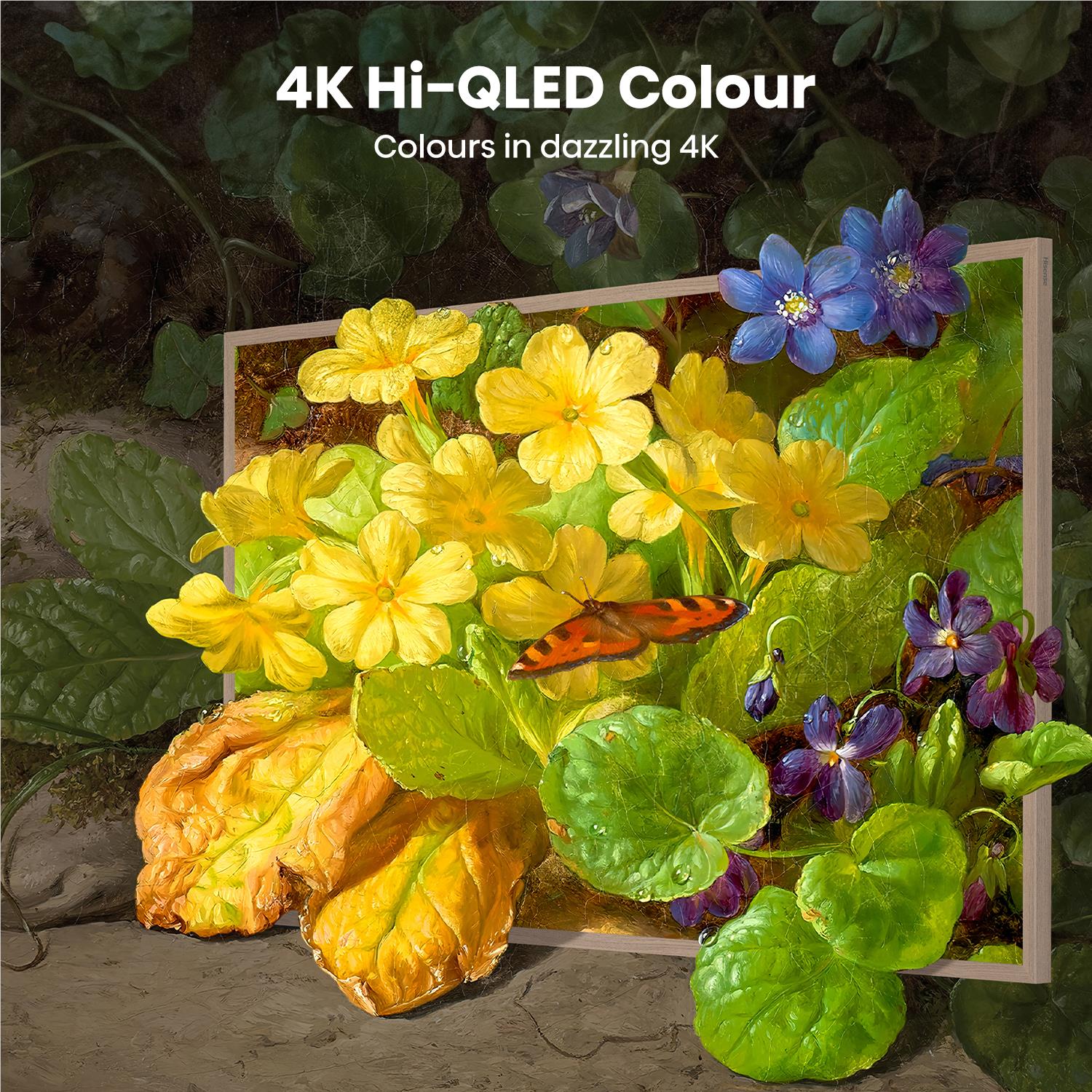55-inch smart TV screen with bright yellow flowers and green leaves