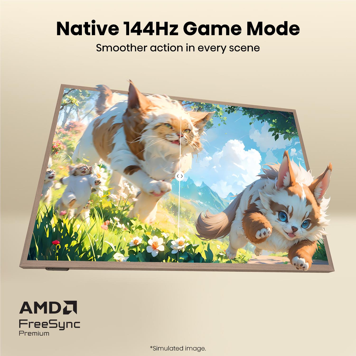 55-inch smart TV screen showing kittens in a sunny garden game scene
