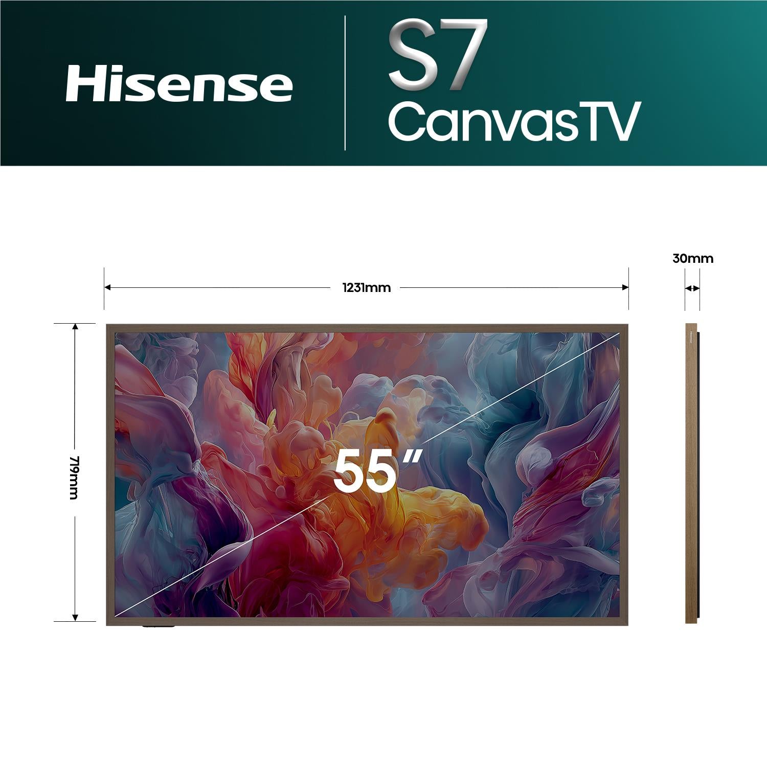 Hisense CanvasTV 55-inch TV front with abstract artwork and slim side profile