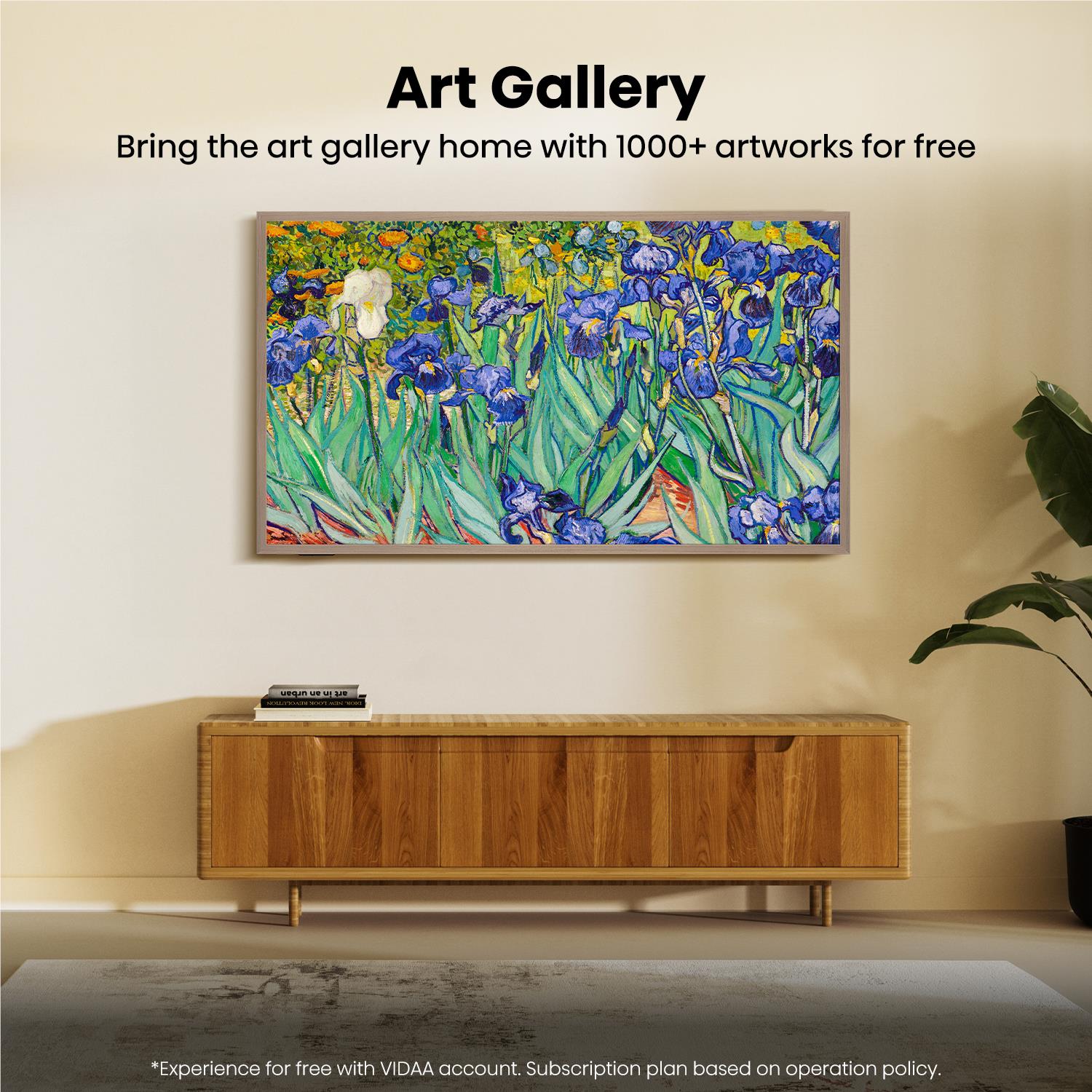 Wall-mounted Hisense CanvasTV 55-inch TV displaying colorful garden artwork