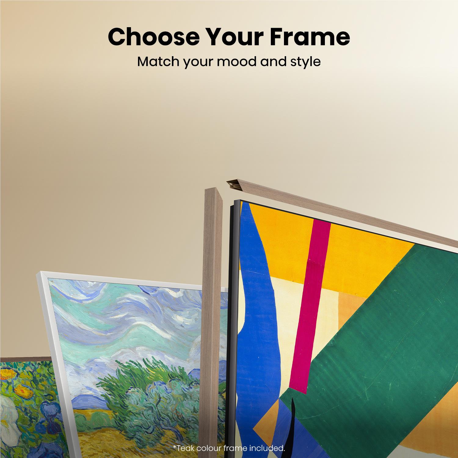 CanvasTV art display with angled abstract artwork, showing multiple frame color options