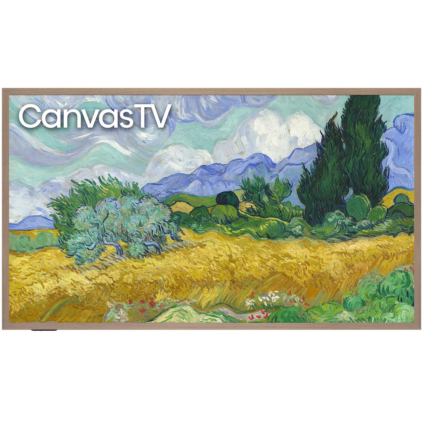 Framed CanvasTV screen showing a landscape painting with green and blue tones.