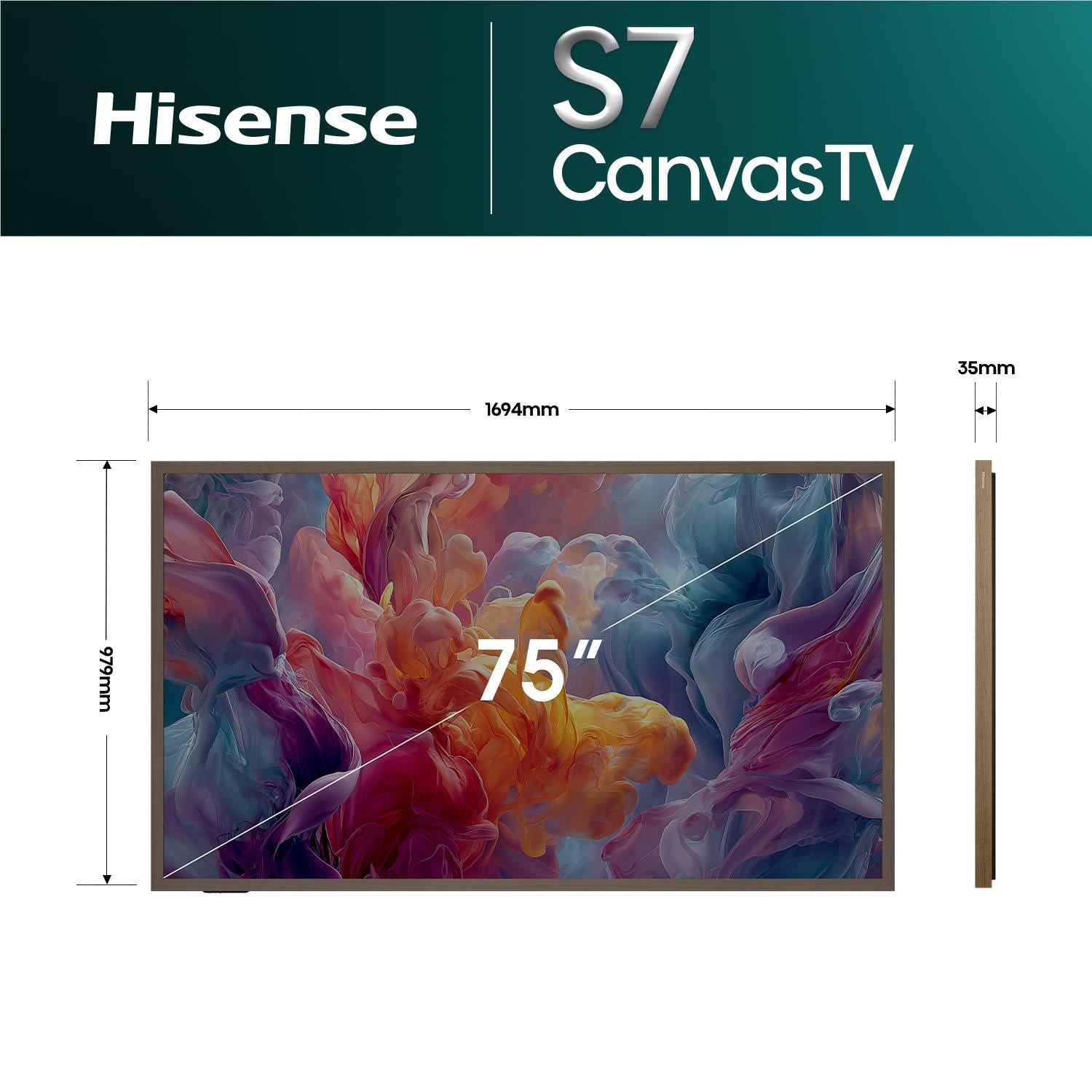 Hisense CanvasTV 75-inch front view with measurements on a display diagram.