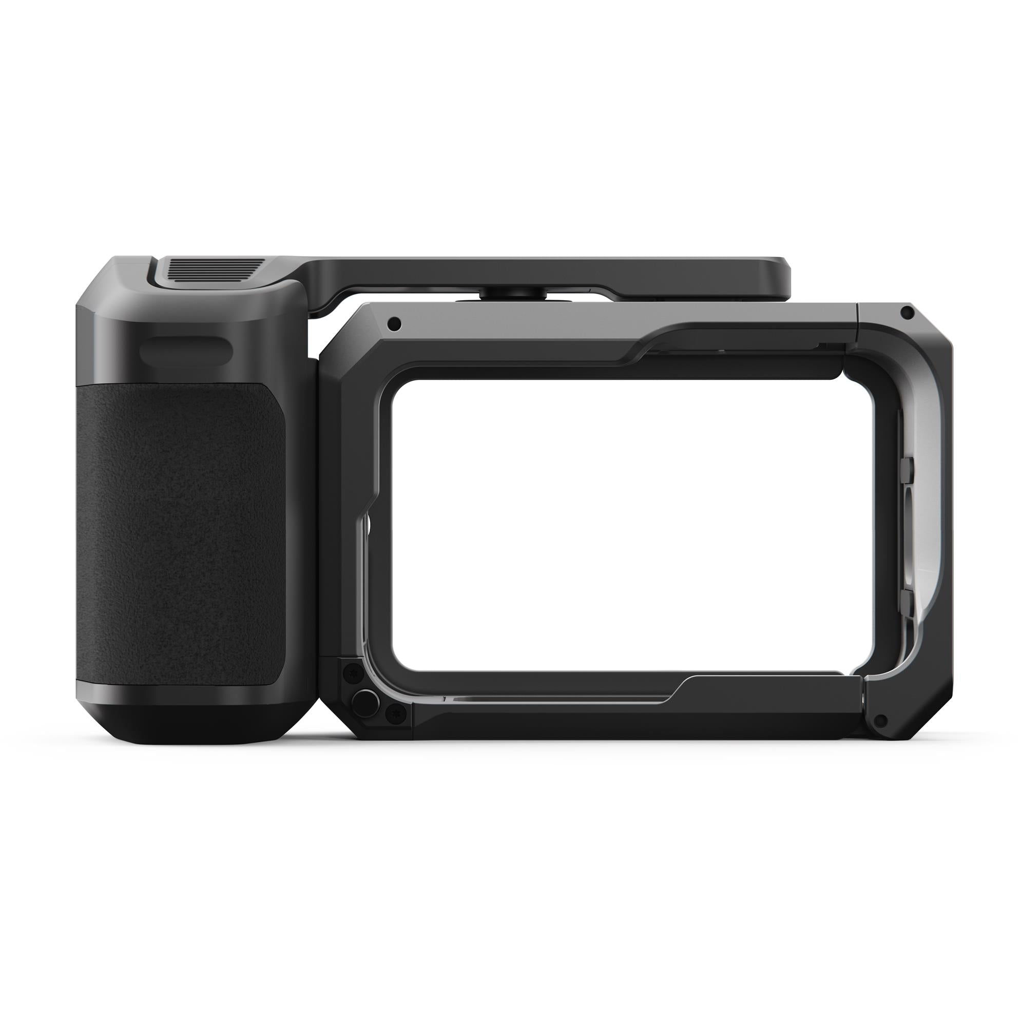 GoPro camera grip with cold shoe mount housing, front frame window