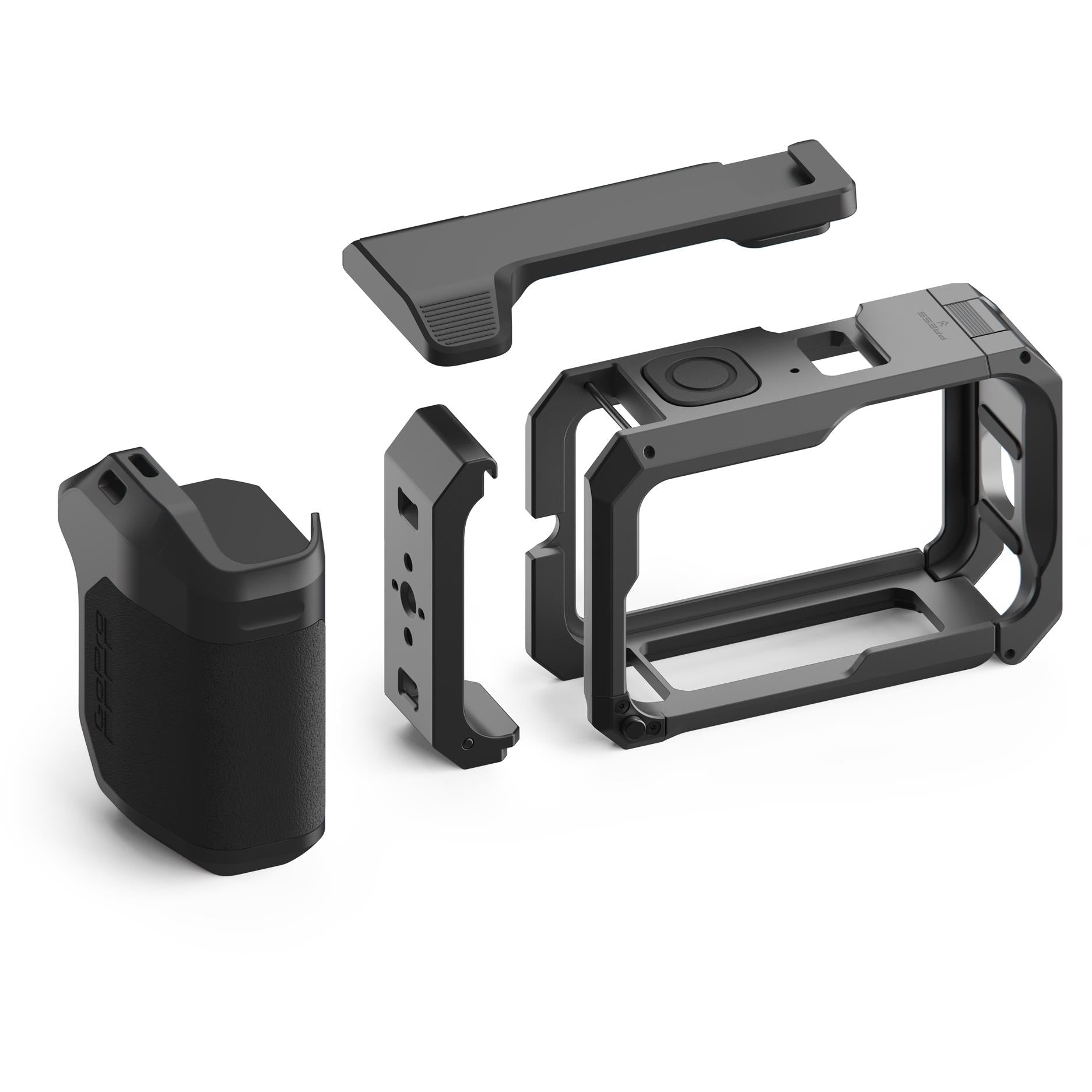 GoPro camera grip with cold shoe mount housing, detached parts and frame