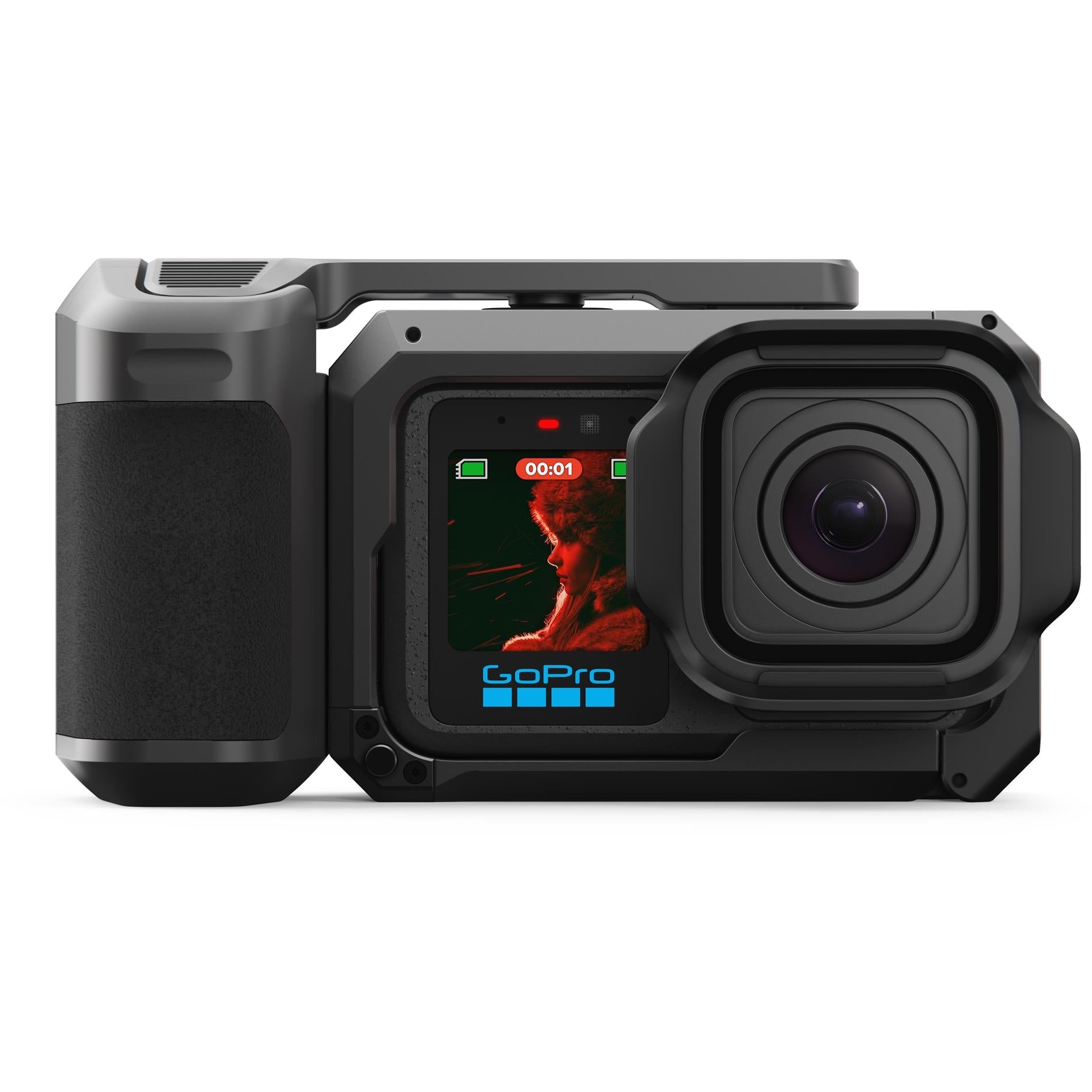 GoPro camera grip with cold shoe mount housing, camera mounted and screen visible
