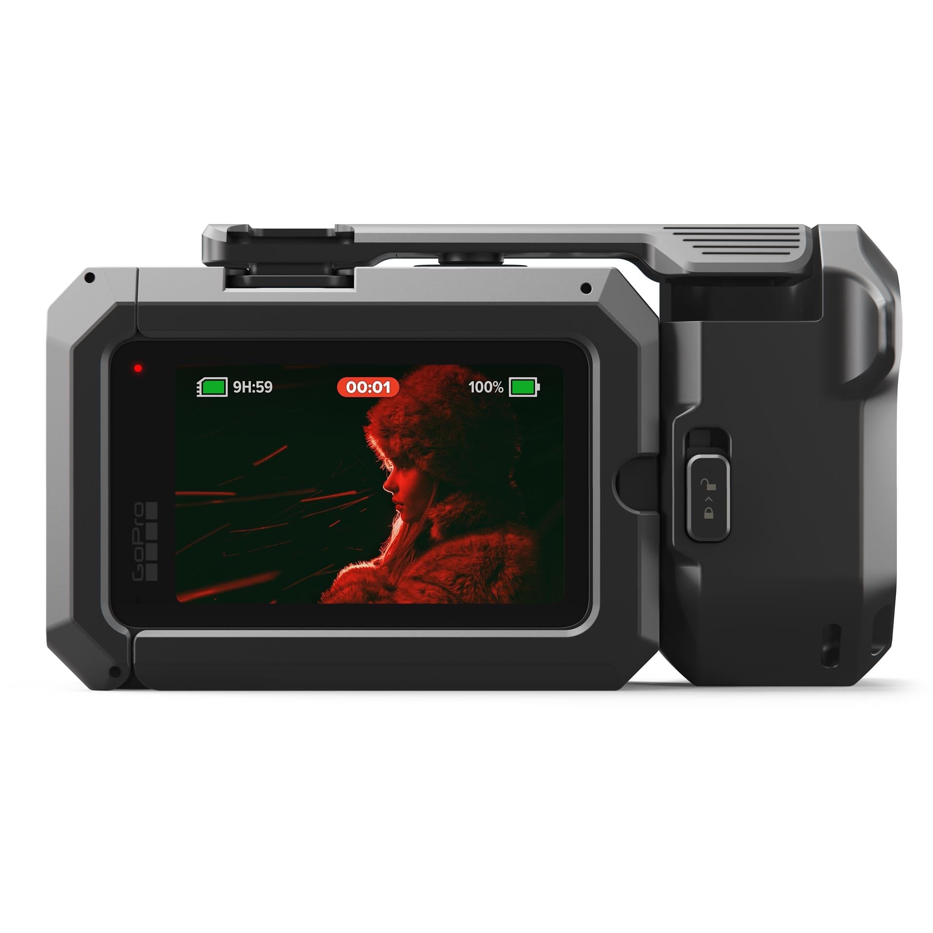 GoPro camera grip with cold shoe mount housing, rear view with display